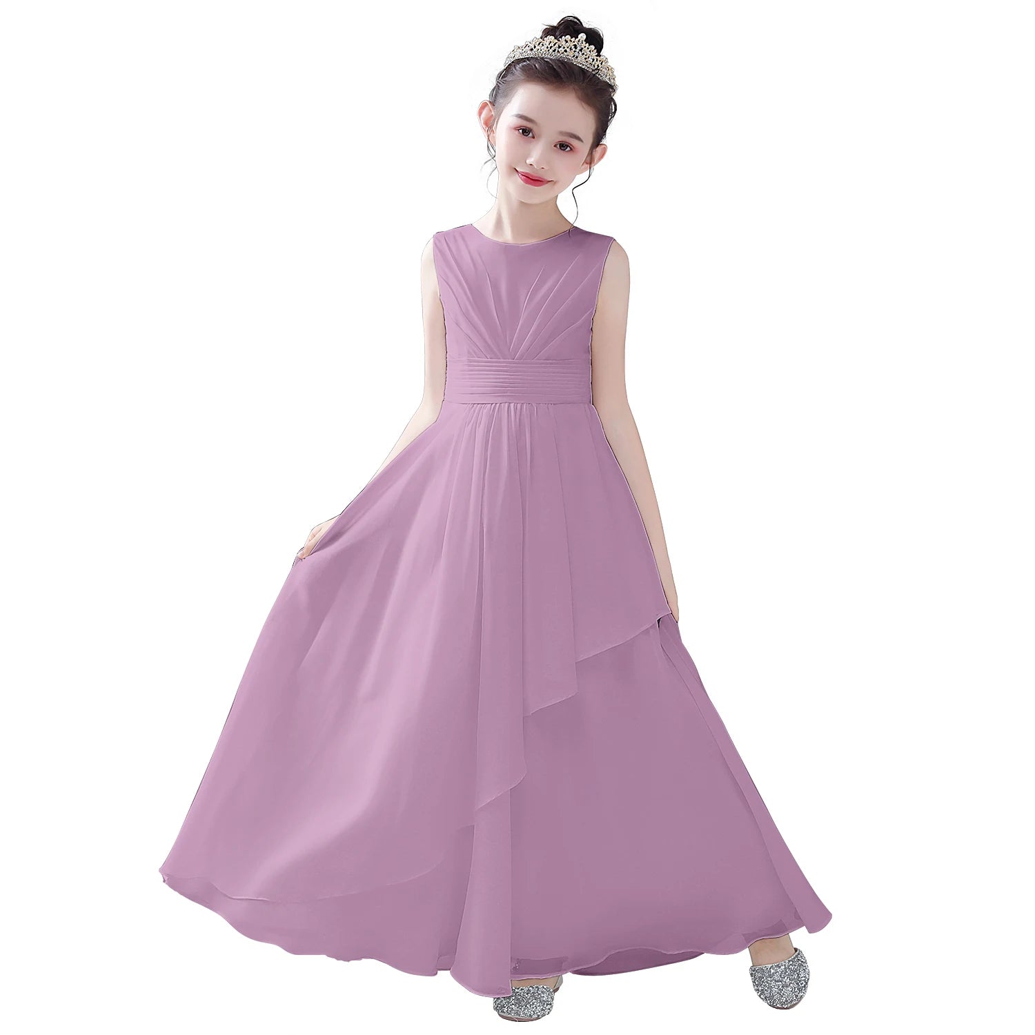 Elegant Purple Chiffon Flower Girl Dress - Sleeveless Pleated Wedding Party Gown for Kids | Perfect for Bridal Showers, First Communion & Special Occasions