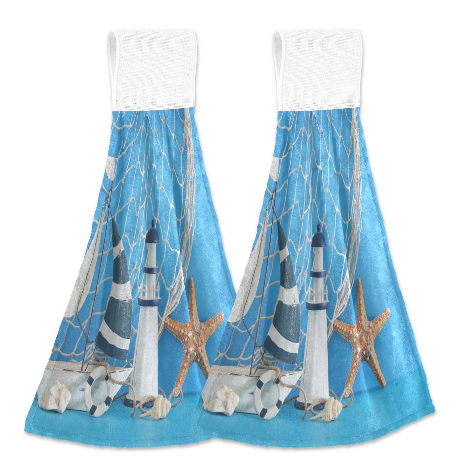 Nautical Theme Decorative Kitchen Hand Towels Set of 2 - Sailboat Lighthouse Starfish Seashells Fishnet Design on Blue Wooden Table - Absorbent Bath & Hand Towels with Hook & Loop for Hanging - Perfect for Coastal Decor, Beach House Kitchen, and Bathroom Accessories