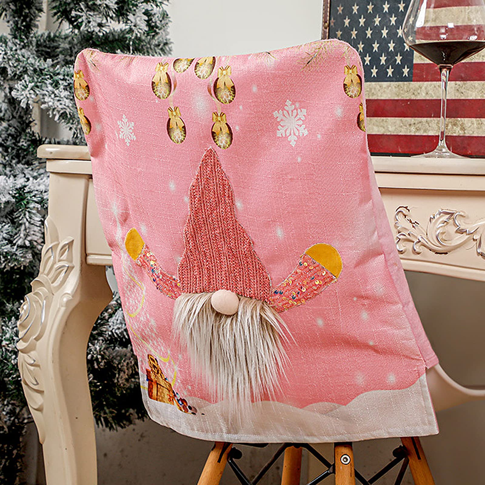 2 Pack Pink Gnome Christmas Chair Covers with LED Lights - Festive Dining Room Chair Slipcovers for Xmas Home Party Decorations | Perfect for Holiday Gatherings, Christmas Dinners & Winter Home Decor