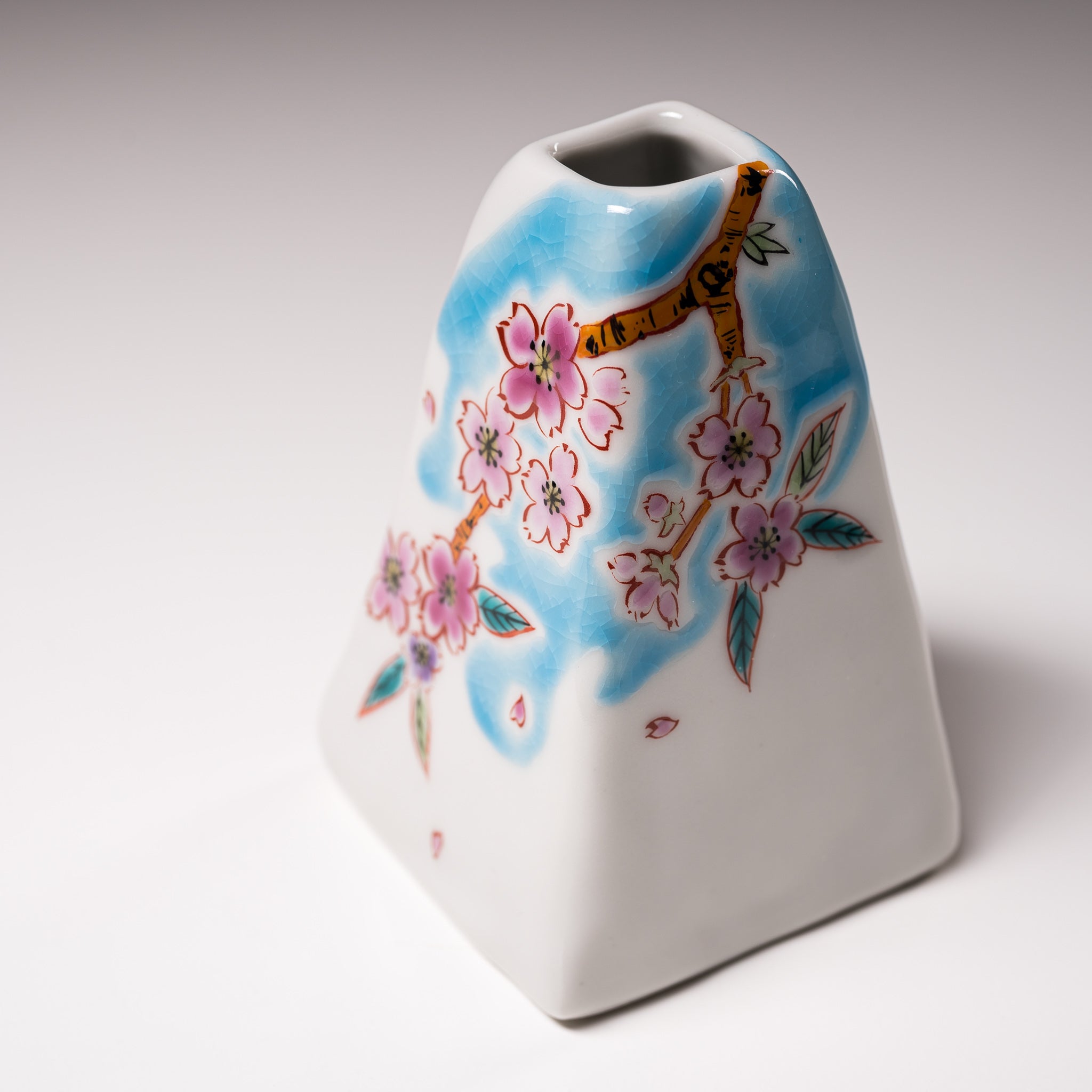 Kutani Ware Pyramid Shape Vase with Sakura Cherry Blossom Design - Japanese Ceramic Flower Vase for Home Decor, Wedding Centerpiece & Tea Ceremony