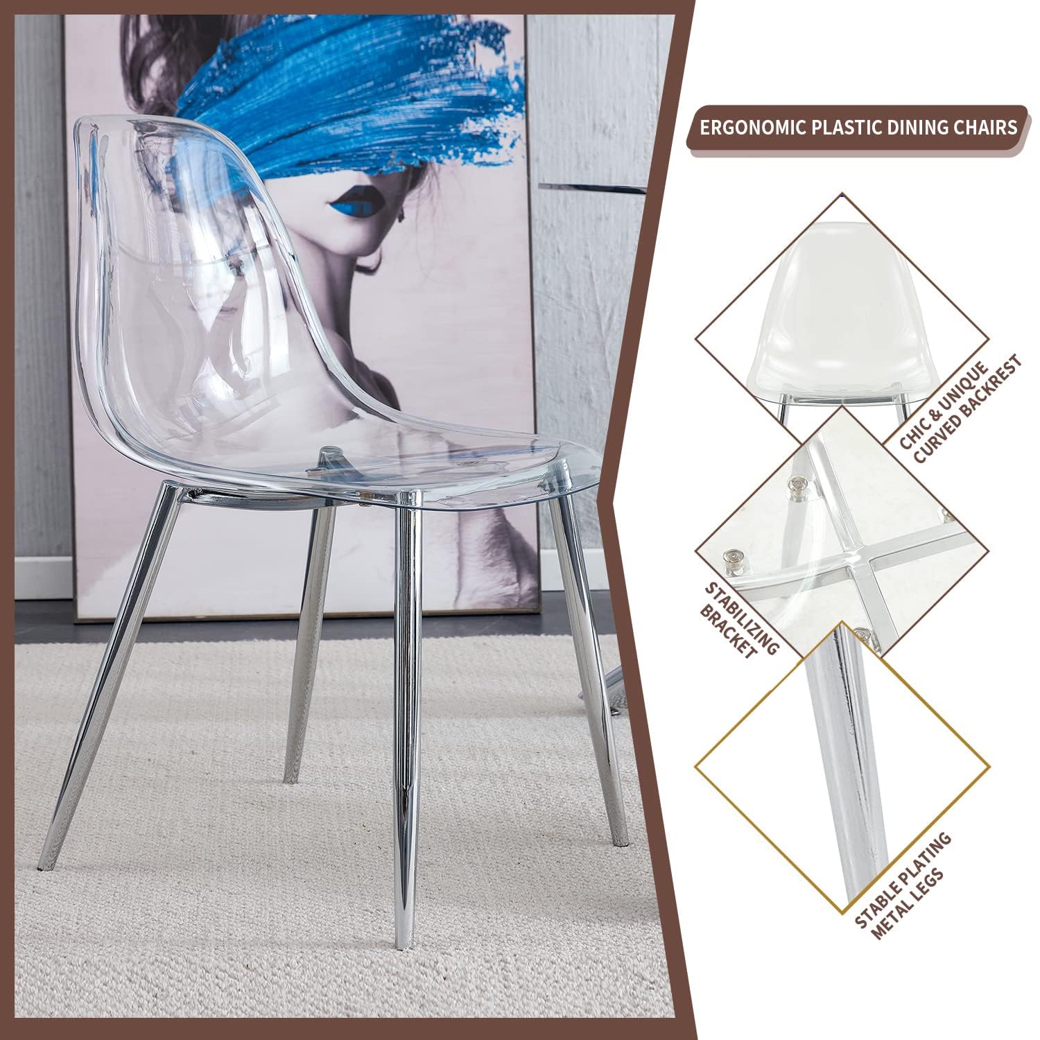 Baysitone 4-Piece Clear Acrylic Dining Chairs Set - Modern Transparent Kitchen Chairs with Sturdy Metal Legs - Silver Finish for Dining Room, Kitchen & Living Room - Perfect for Small Spaces, Minimalist Decor & Contemporary Home Settings