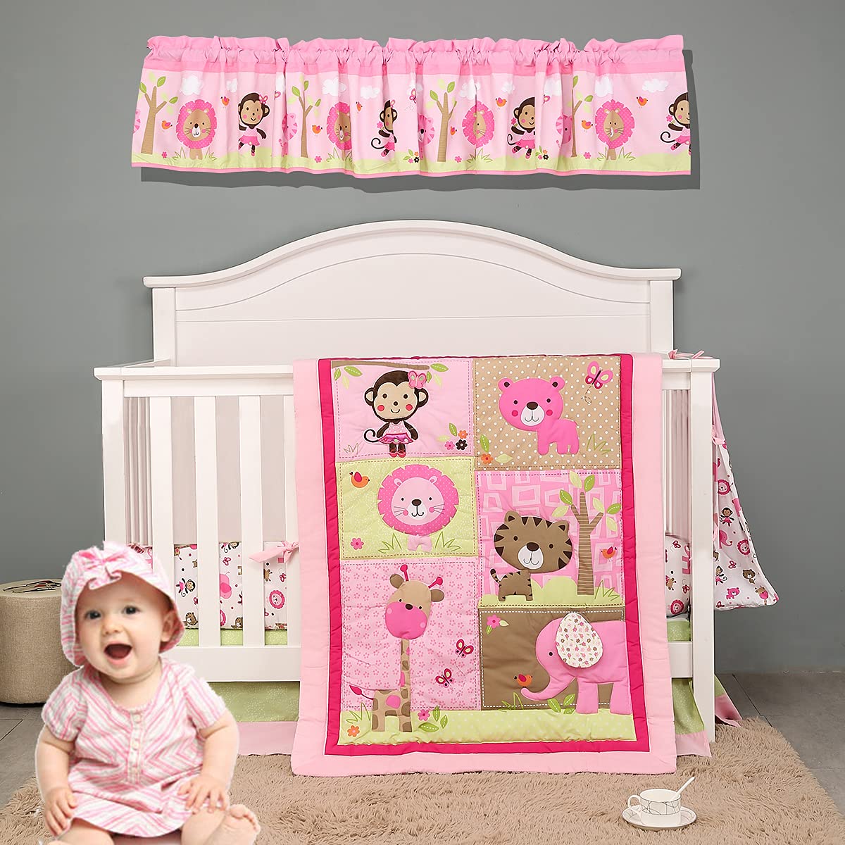 Brandream Pink Jungle Elephant Safari Crib Bedding Set for Girls - 5 Piece Nursery Comforter Set with Fitted Sheet, Crib Skirt & Pillowcase - Perfect for Baby Shower Gifts & Nursery Decor