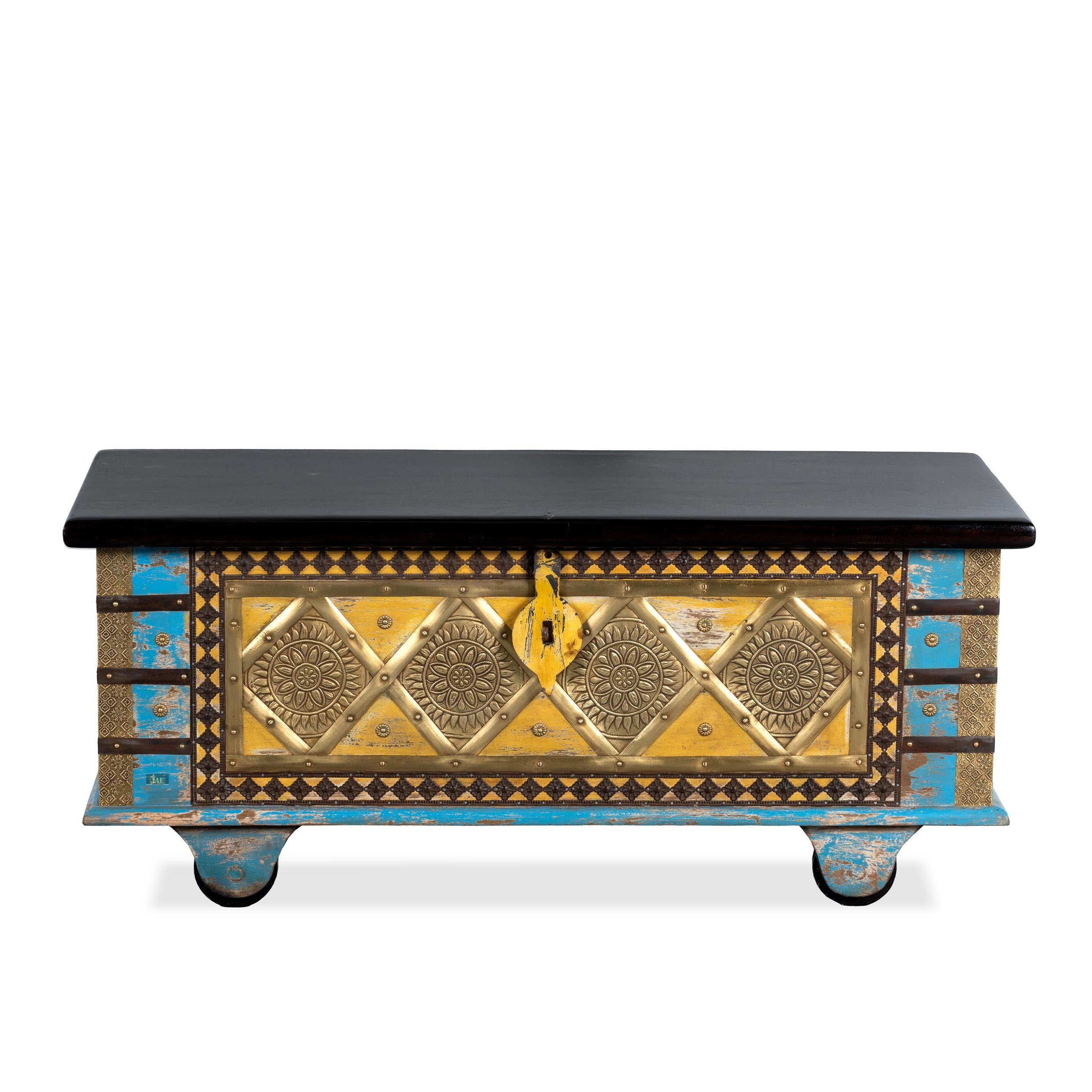 Handmade Embossed Mango Wood Coffee Table with Brass Fittings - Distressed Blue Finish | Rustic Living Room Furniture, Boho Home Decor, Centerpiece for Lounge & Bedroom