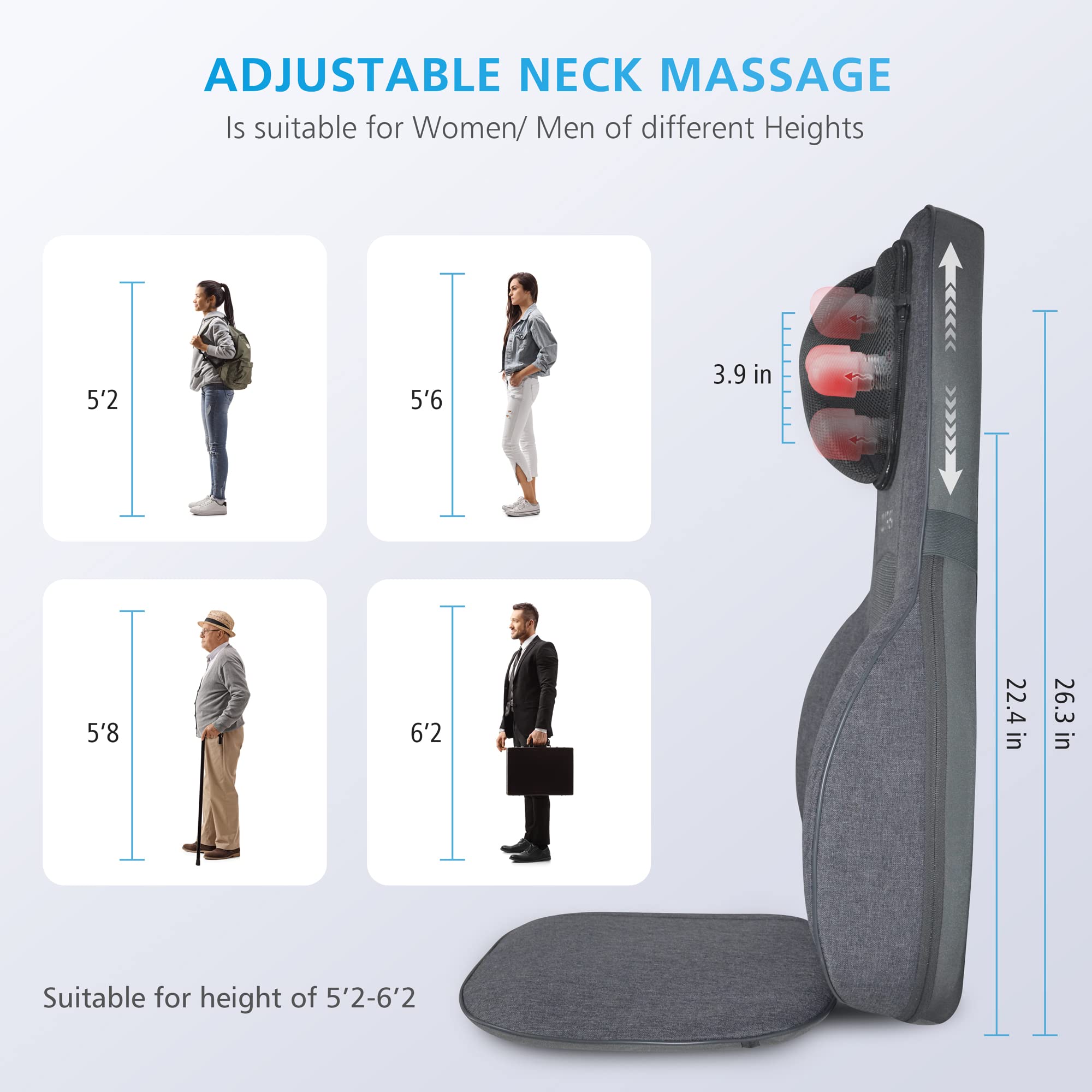 COMFIER Shiatsu Neck and Back Massager with Heat - Adjustable Chair Massage Cushion for Shoulder & Spine Support - Perfect Gift for Parents (Dad/Mom) - Home & Office Relaxation - Gray