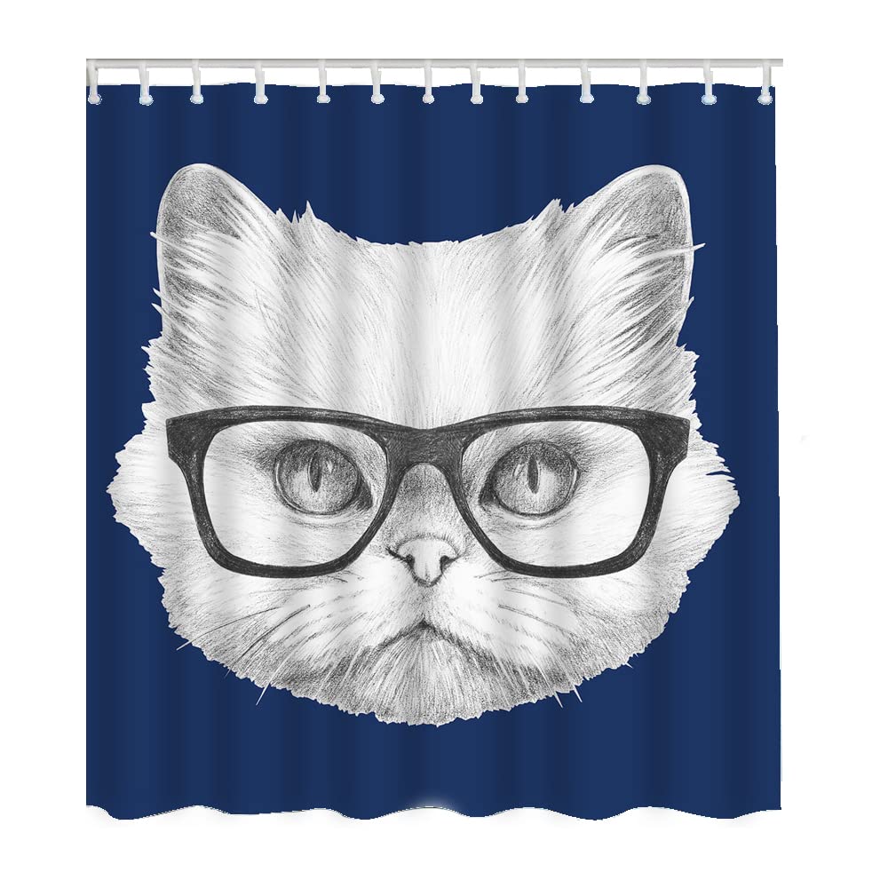 Zaueky Persian Cat with Glasses Shower Curtain - Modern Fashion Artwork, Bright Blue Long Shower Curtain (72×84 Inch) with 12 Hooks - Light Resistant, Fade Proof & Durable Bathroom Decor for Cat Lovers - Perfect for Bathroom, Dorm, or Apartment Decor