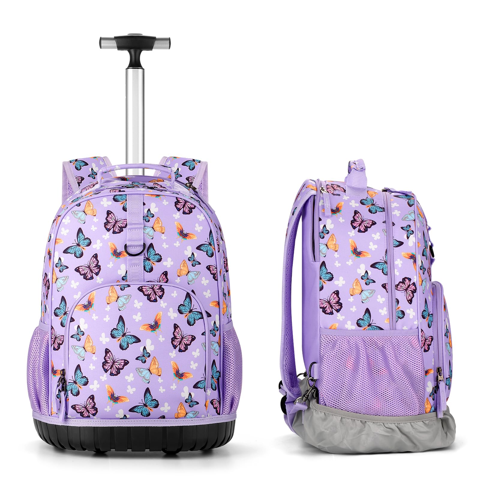 Choco Mocha 18 Inch Rolling Backpack for Girls - Kids Wheeled School Bookbag with Matching Lunch Box Set | Butterfly Purple Design | Perfect for Elementary School, Travel & Daily Use
