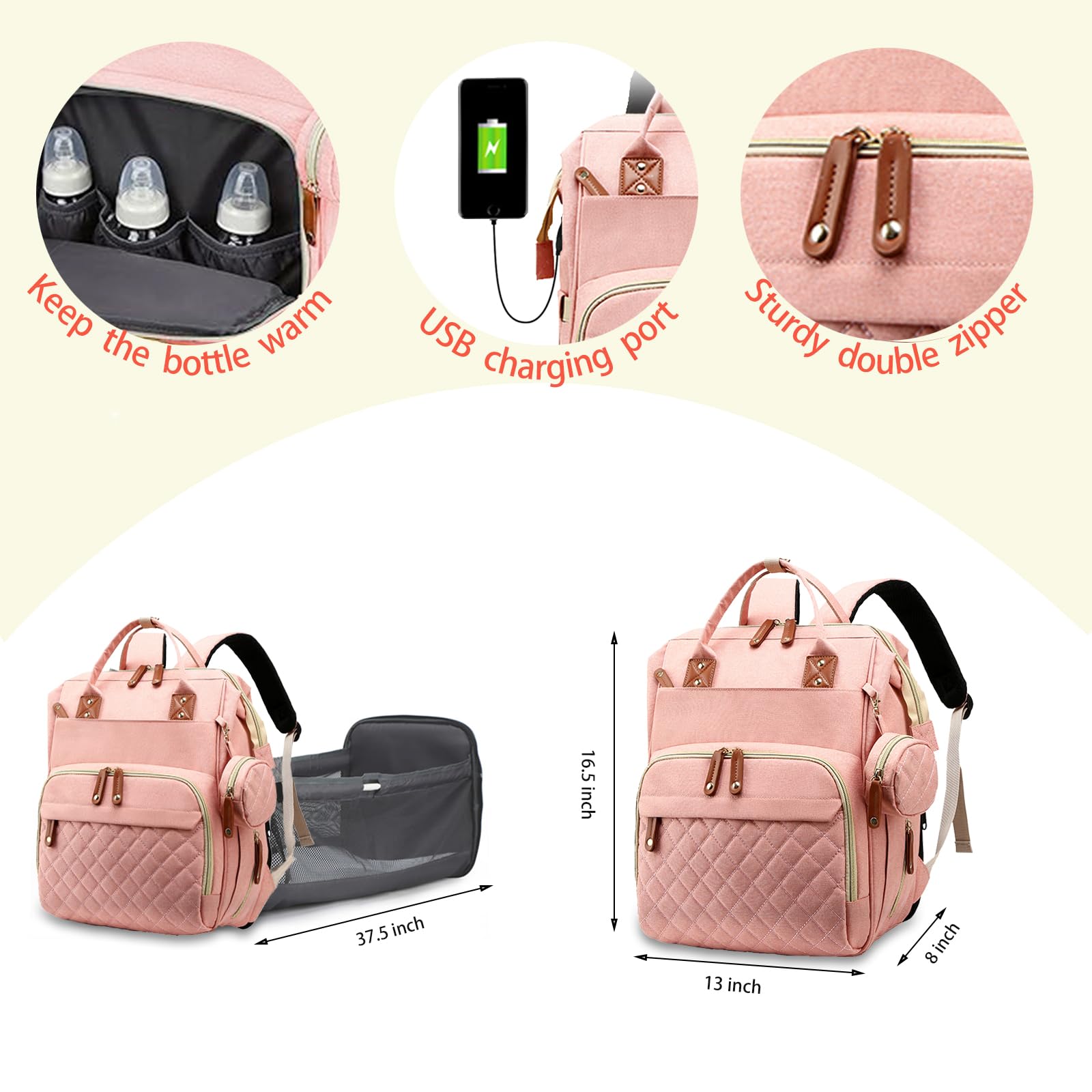 **Waterproof 3-in-1 Diaper Backpack with Foldable Changing Pad – Large Travel Diaper Bag for Baby Boys & Girls (Peach Pink) – Perfect for Daycare, Travel & On-the-Go Parents**