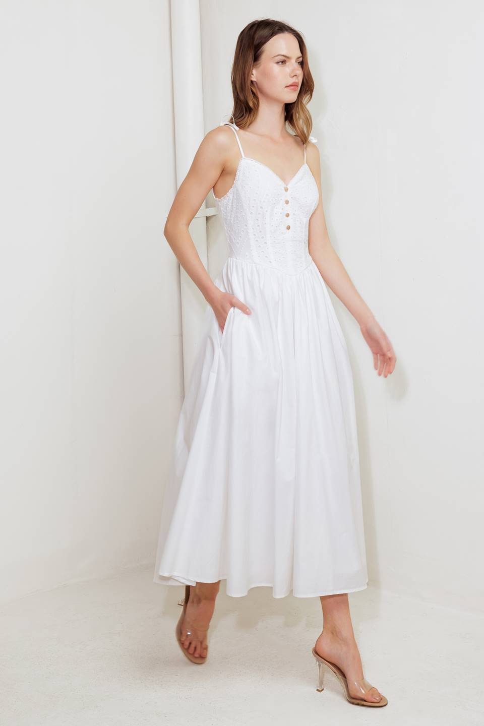 Isobelle White Eyelet Midi Dress - Floral Lace Summer Dress for Women, Perfect for Beach Vacations, Garden Parties & Date Nights