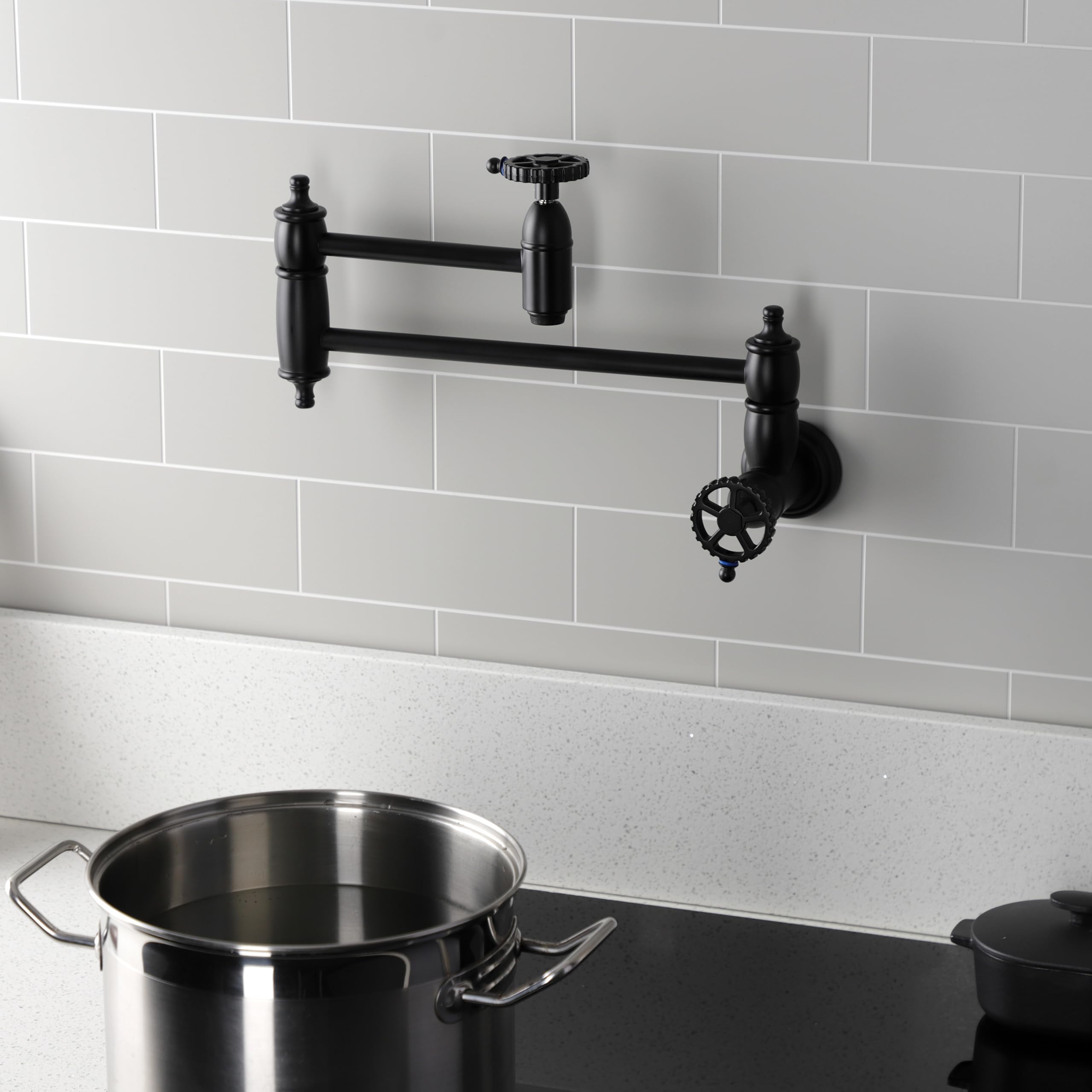 Kingston Brass KS3100CG Matte Black Wall Mount Pot Filler Faucet - High Arc Kitchen Sink Faucet for Easy Pot Filling & Cooking