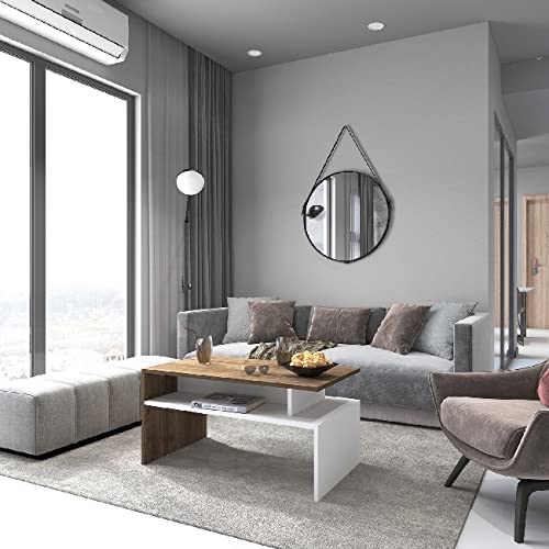 Modern White & Walnut Coffee Table with Shelves - 90x50x43cm for Living Room
