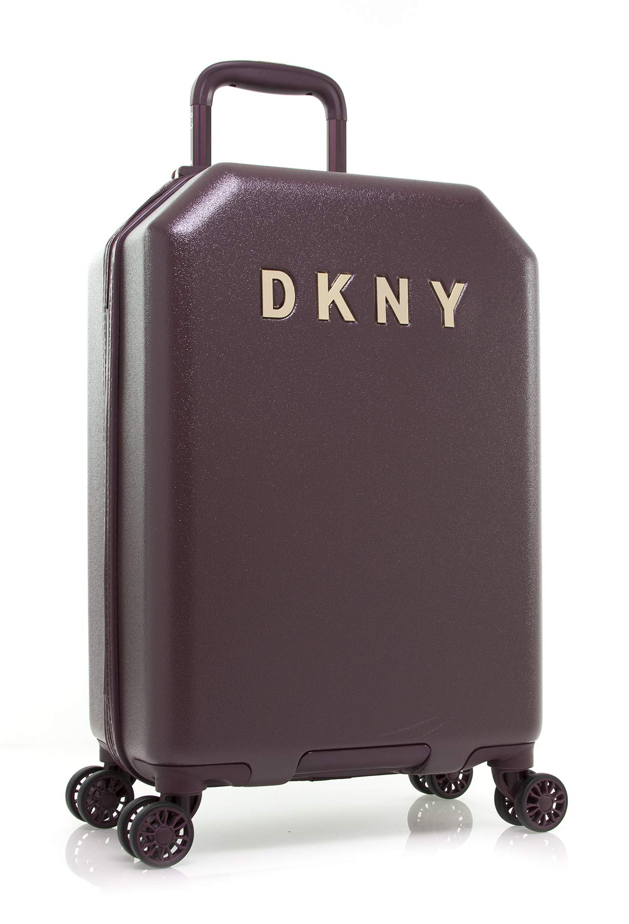 DKNY Metal Logo Burgundy 21 Inch Carry On Luggage - Lightweight Spinner Suitcase for Business Travel & Weekend Getaways