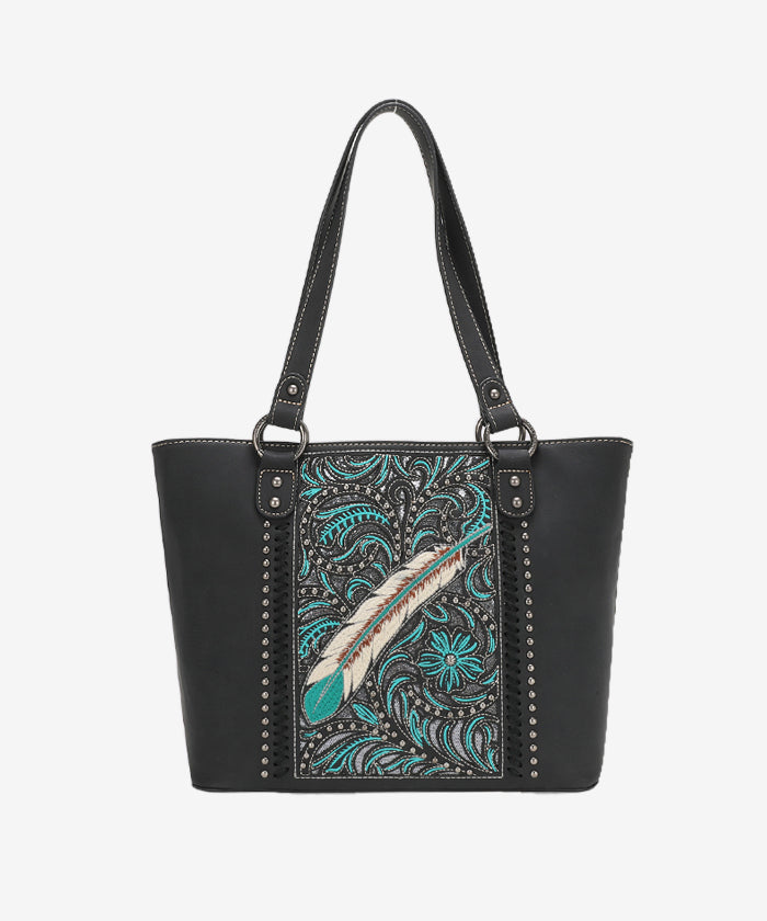Montana West Embroidered Feather Concealed Carry Tote Set - Stylish CCW Purse with Hidden Gun Pocket for Women | Perfect for Everyday Carry, Travel & Self-Protection