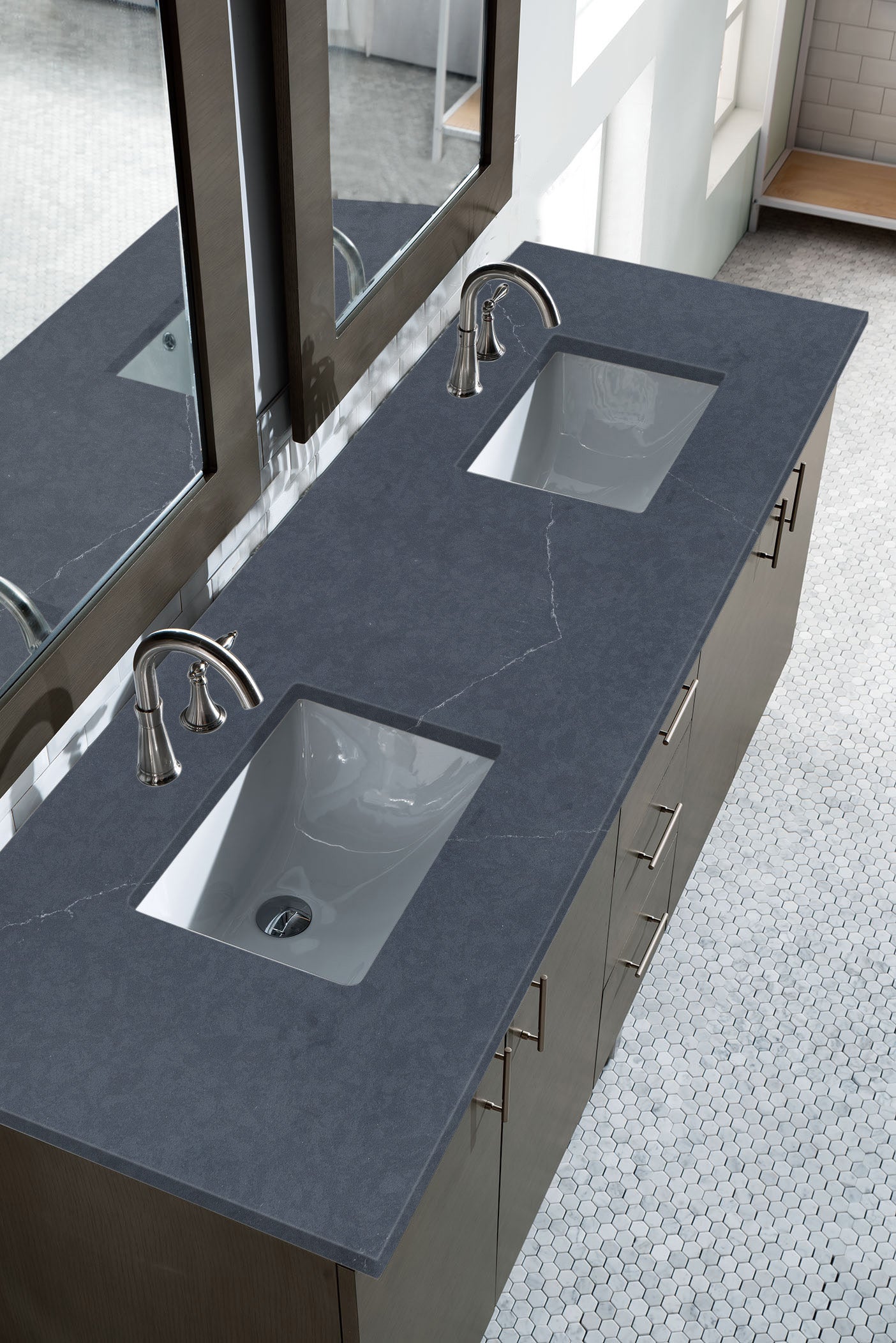 Metropolitan 72 Inch Double Bathroom Vanity with 3CM Charcoal Soapstone Quartz Top in Silver Oak Finish - Perfect for Master Bathroom Renovation and Modern Home Decor