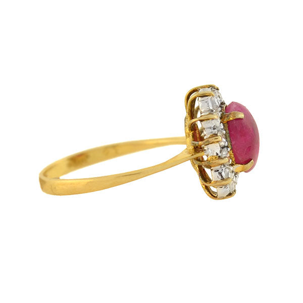 Vintage Late Art Deco 14K Gold 1ctw Ruby Cabochon & Diamond Cluster Ring for Women - Elegant Wedding, Engagement & Special Occasion Jewelry Gift