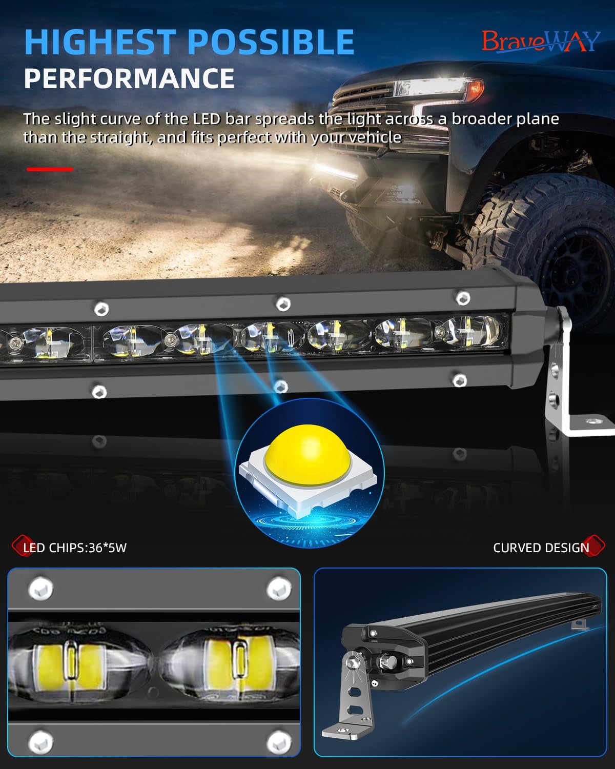 BraveWAY 38 Inch Curved LED Light Bar - Single Row Offroad Driving Light with Spot Flood Combo Beam - Waterproof LED Work Light for Trucks, UTV, ATV, SUV, 4WD, 4X4 Pickup - Perfect for Night Off-Roading, Camping & Emergency Lighting