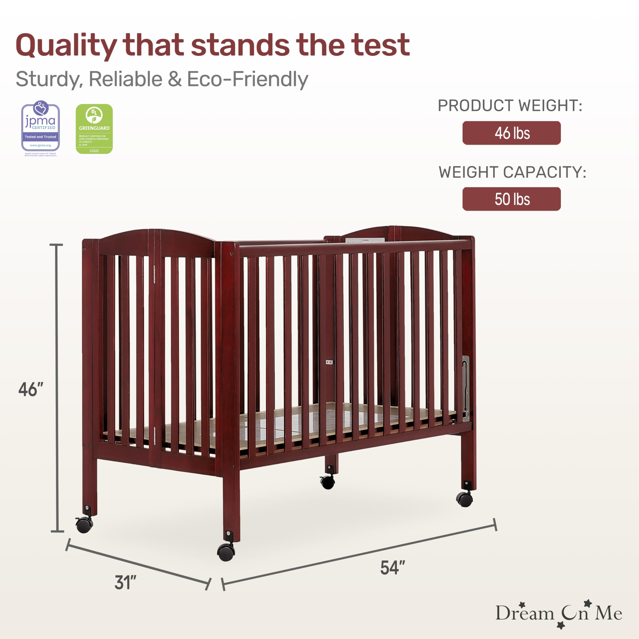Dream On Me Full Size 2-in-1 Folding Convertible Crib with Stationary Side - Cherry Wood Finish | Nursery Bedside Sleeper for Newborns & Toddlers | Perfect for Small Spaces & Co-Sleeping