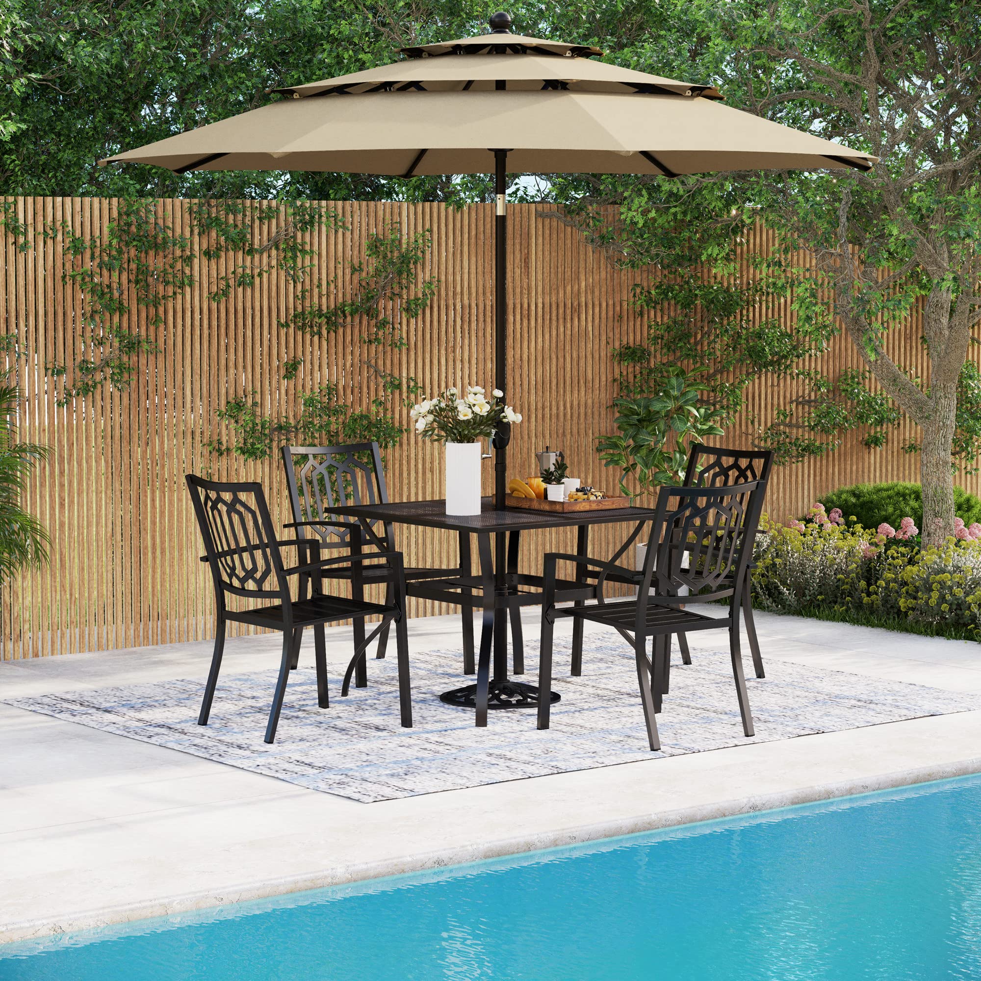 MFSTUDIO 6-Piece Outdoor Patio Dining Set with 10ft Round Umbrella - 4 Stackable Metal Chairs, Steel Frame Table & Large Red Sunshade for Backyard, Garden, Poolside Dining & Outdoor Entertaining