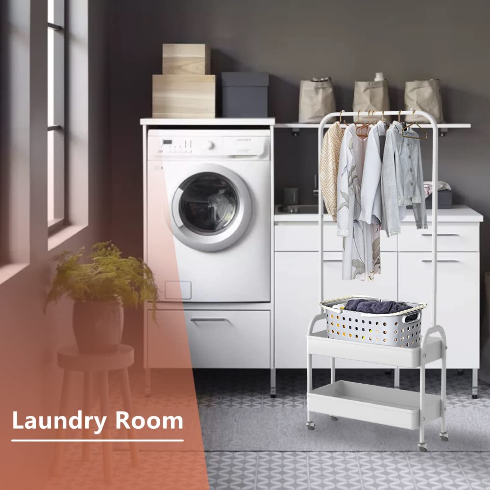 White Portable Clothing Rack - 2-in-1 Rolling Garment Organizer with Metal Baskets & Hanging Rack | Mobile Laundry Cart & Small Wardrobe on Wheels for Bedroom, Closet & Dorm Organization | Space-Saving Storage Solution for Clothes, Shoes & Accessories