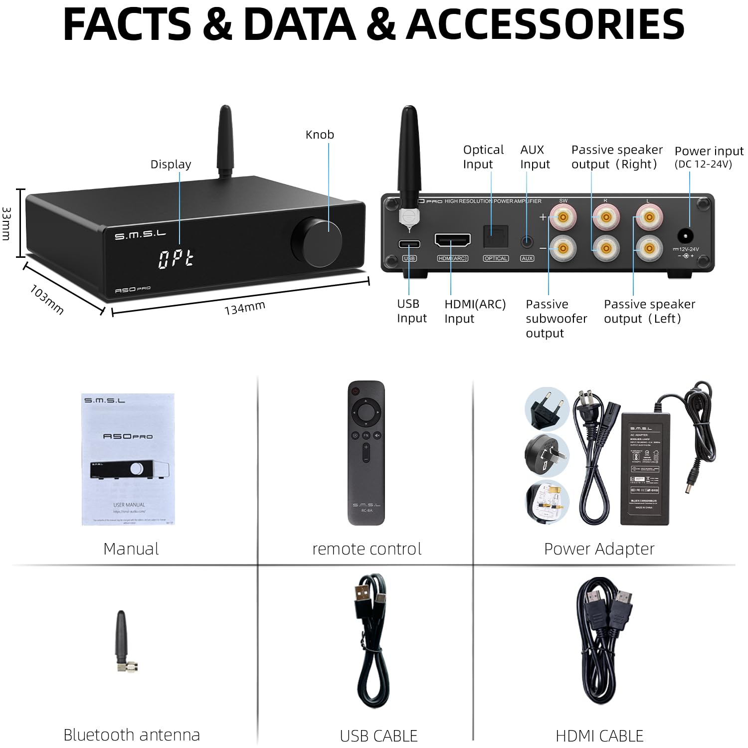 S.M.S.L A50Pro 2.1 Channel HiFi Bluetooth 5.0 Stereo Audio Amplifier with LPF/HPF, 100W Bass Output, HDMI (ARC) Support, MA12070P Chip - Perfect for Home Theater, Gaming & Music Systems