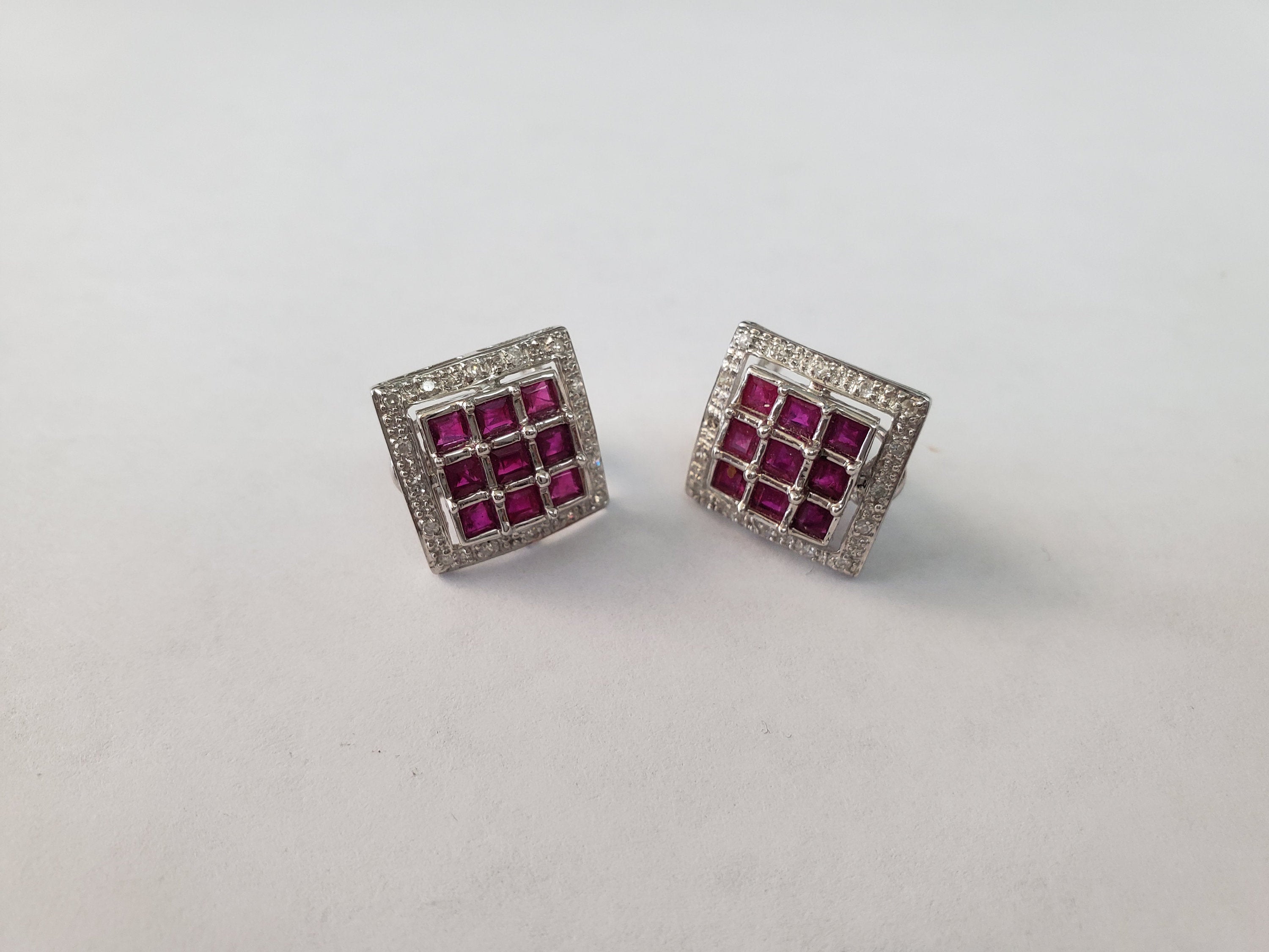 14K White Gold Square Pave Diamond & Ruby Earrings for Women - Elegant Bridal Jewelry, Anniversary Gift, Valentine's Day Present