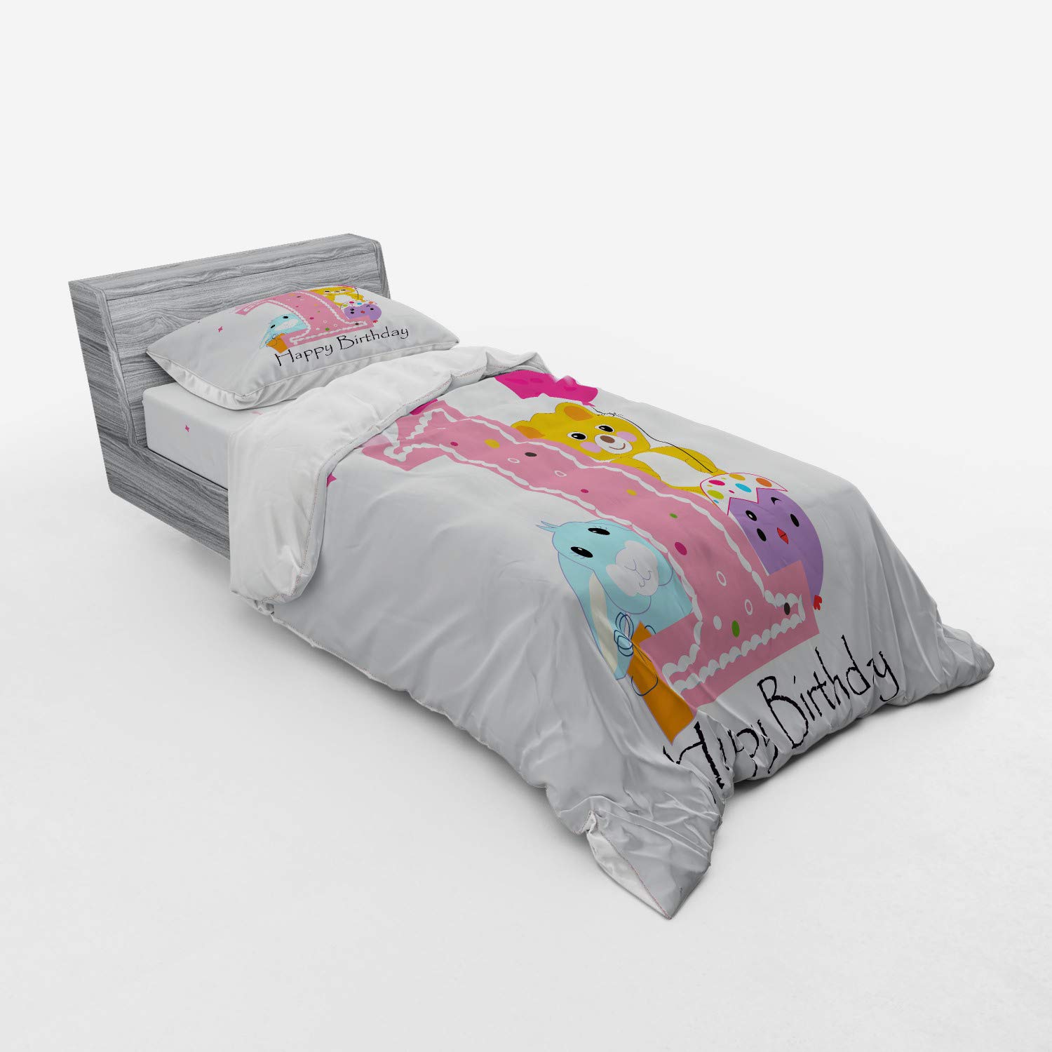 Ambesonne 1st Birthday Duvet Cover Set - Cartoon Girl & Party Cake with Candle Teddy Bear Print, 3-Piece Twin Size Bedding Set (Pale Pink & Hot Pink) for Girls' Room Decor, Birthday Party Theme Bedroom