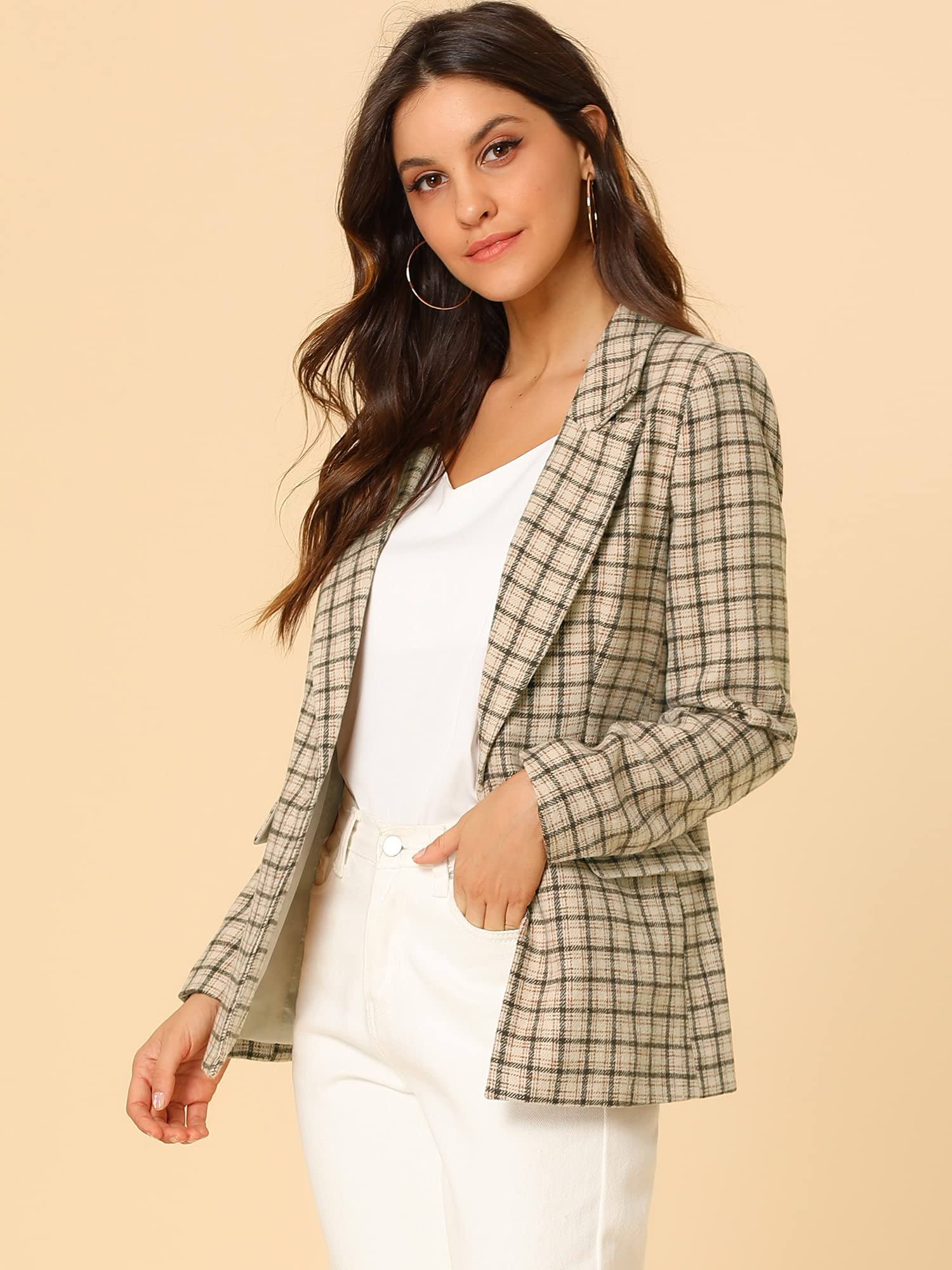 Allegra K Women's Notched Lapel Single Button Boyfriend Blazer Jacket - Plaid Suit Jacket for Office, Business & Casual Outfits