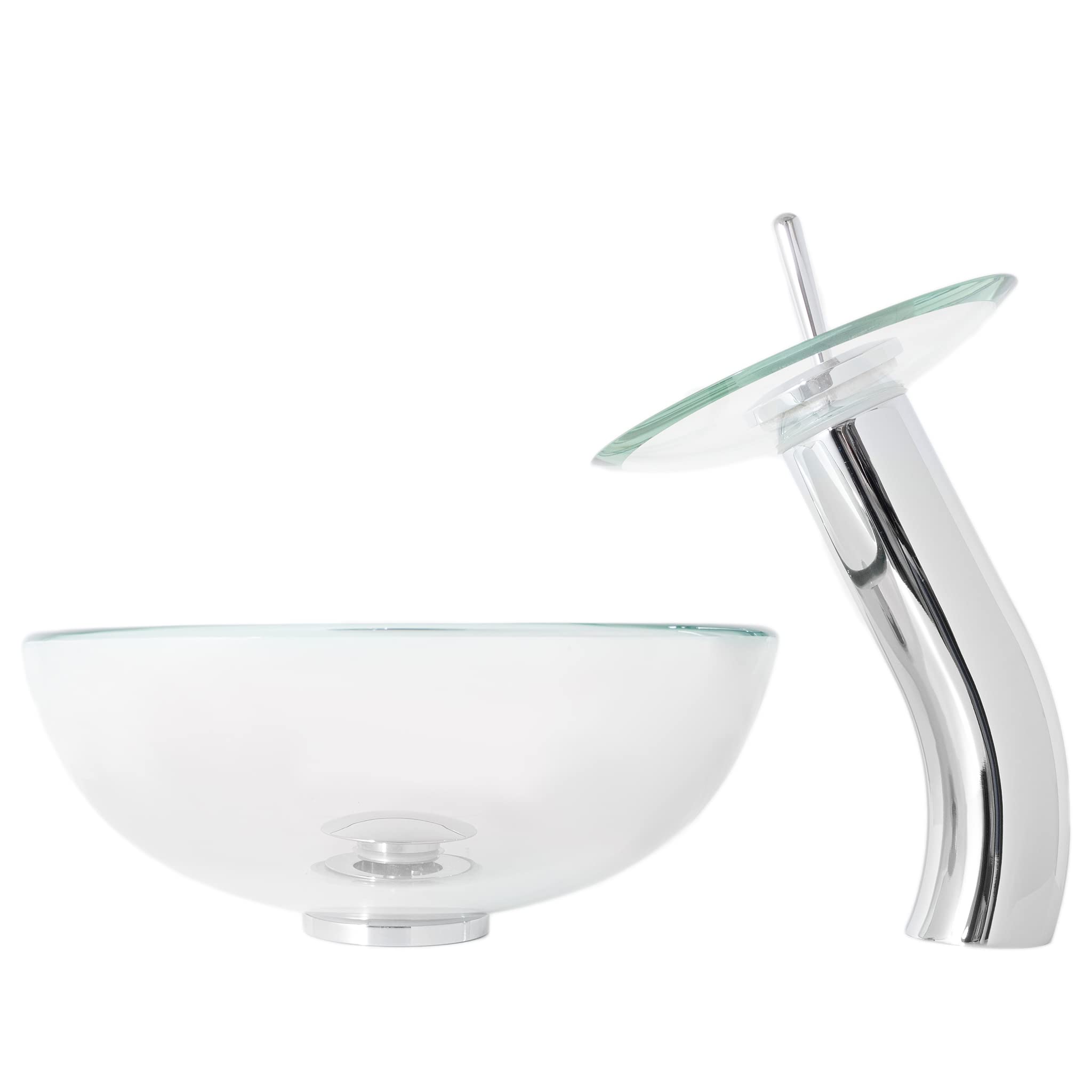 Clear Mini Glass Vessel Sink with Chrome Waterfall Faucet Set - Modern Bathroom Vanity Sink for Powder Room, Guest Bath & Small Space Installation