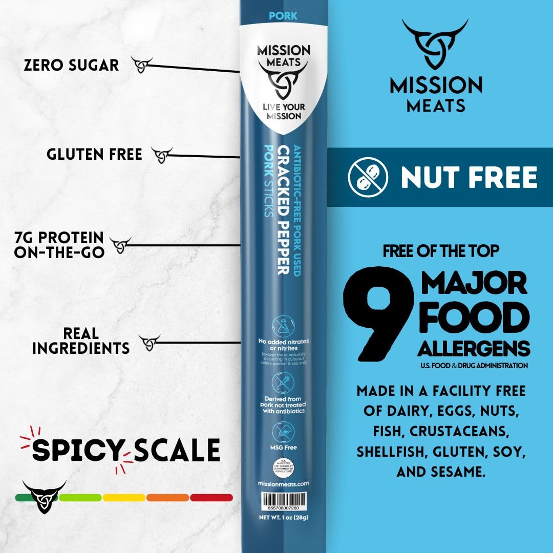 Mission Meats Cracked Pepper Pork Meat Sticks – Healthy Protein Snacks for Kids & Adults | Sugar Free, AIP Friendly, Paleo & Whole30 Approved | 1oz (Pack of 48) | Perfect for On-the-Go, Hiking & Lunchboxes
