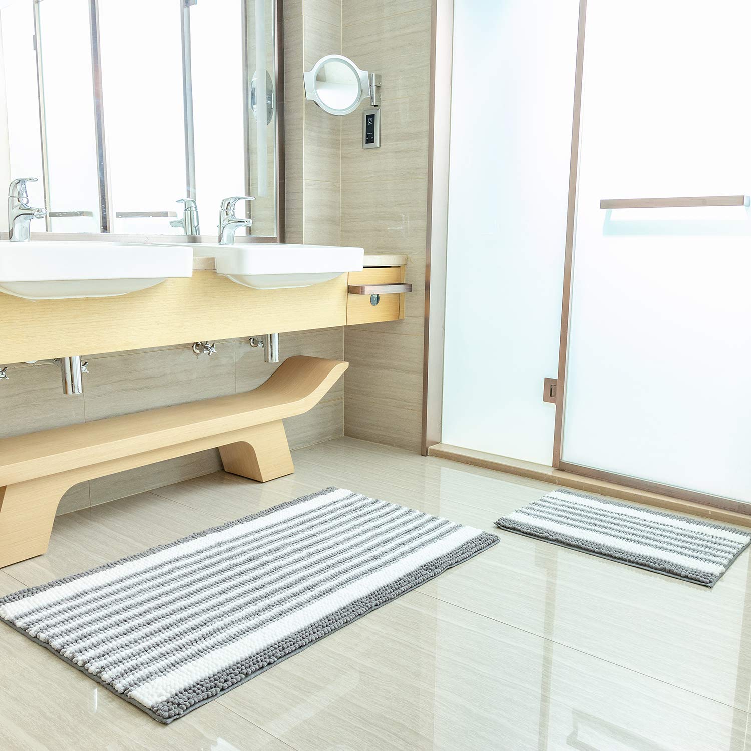 Ashler Chenille Bathroom Rug Set - Non-Slip Machine Washable Bath Mat, Ultra Soft Luxury Shower Rugs (2-Piece) - Fast Drying Water Absorbent Carpet for Bathtub & Shower Floor - Grey 17x24 & 26x44 Inches - Perfect for Bathroom Safety and Comfort
