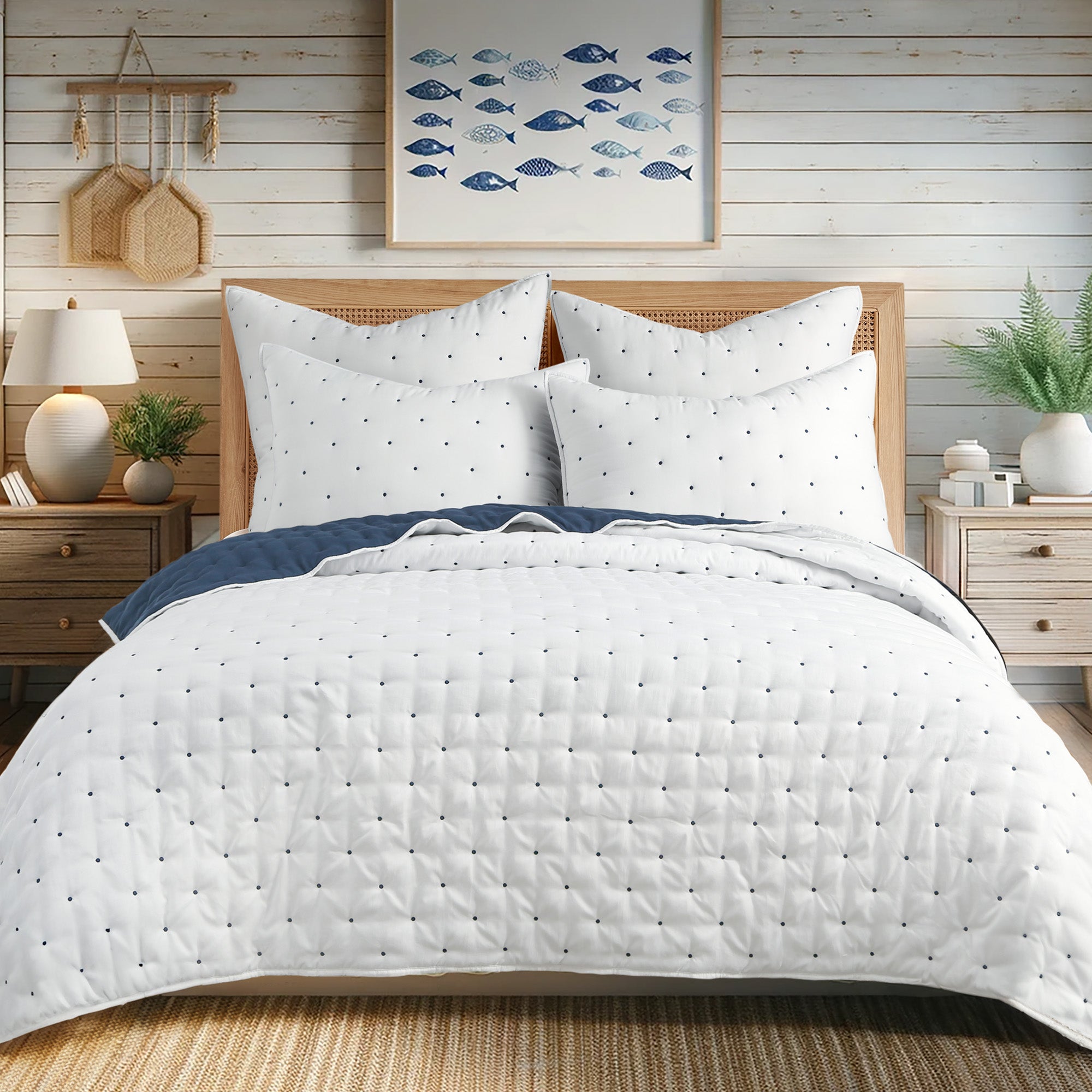 Embroidered Swiss Dot Navy Quilt Set - Queen Size 3-Piece Bedding Set with Pillow Shams - Soft & Breathable Cotton Quilt for Cozy Bedroom Decor