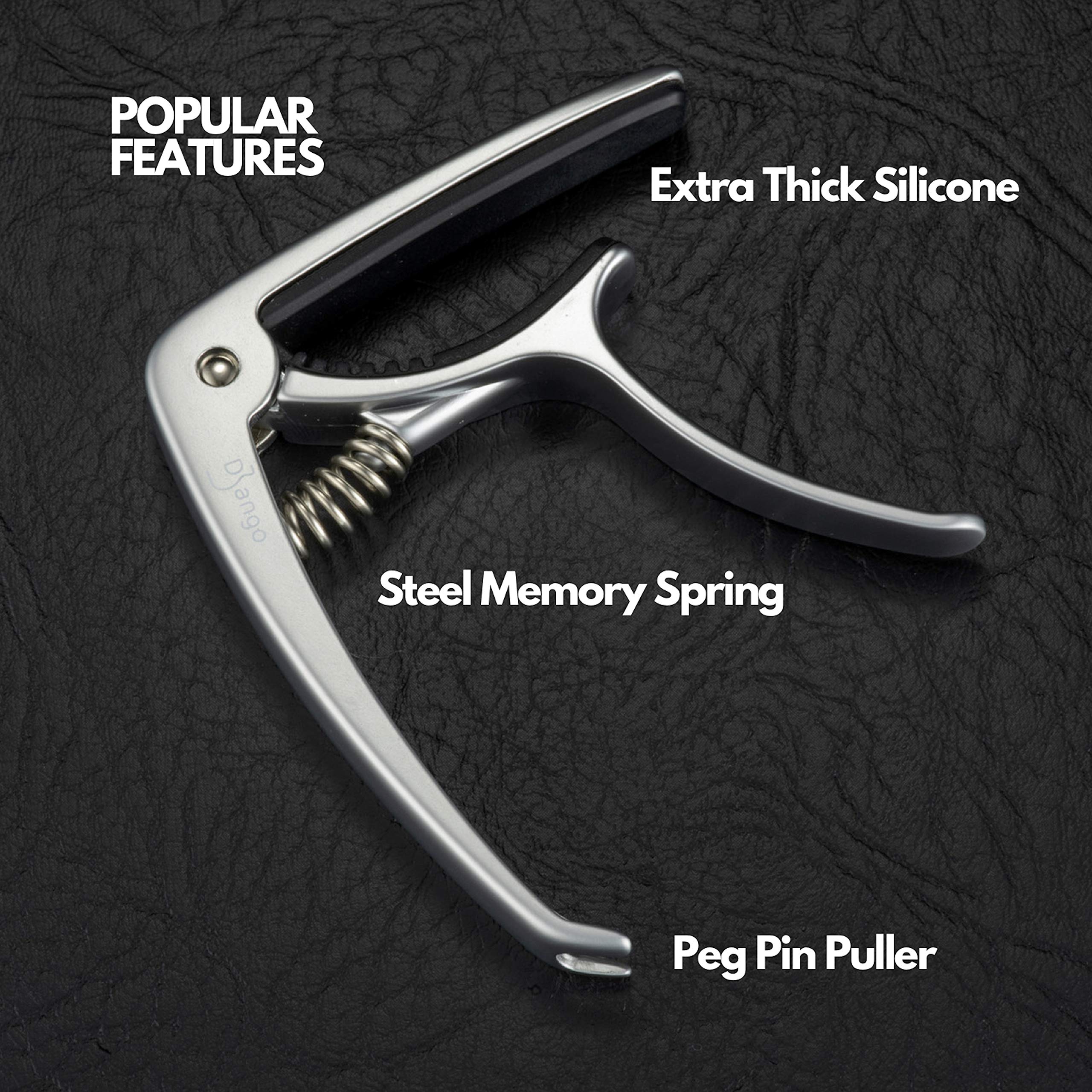 Django Guitar Capo by Pick Geek - Premium Silver Quick-Release Capo for Acoustic, Electric, Ukulele & Classical Guitars | Includes Peg Puller & Extra Padding for Neck Protection | Perfect for Live Performances, Studio Recording & Practice Sessions
