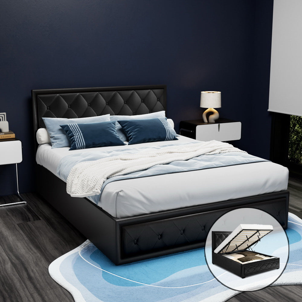 Bronte Storage Double Bed Frame Black - Queen Size Platform Bed with Underbed Storage - Perfect for Small Bedrooms & Guest Rooms