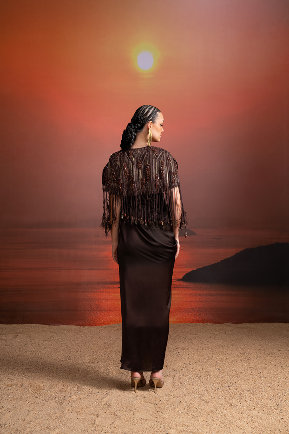 Elegant Brown Pleated Draped Dress with Cape - Perfect for Evening Parties, Weddings & Special Occasions
