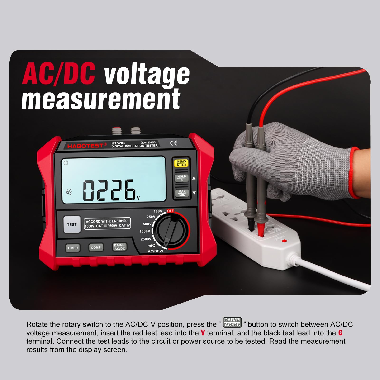 HABOTEST HT5205 Digital Insulation Tester - 0-4KΩ Resistance Range, 200V Voltage Measurement, LCD Backlit Display Megohmmeter Multimeter - Perfect for Electrical Safety Testing, Grounding Systems & Industrial Maintenance