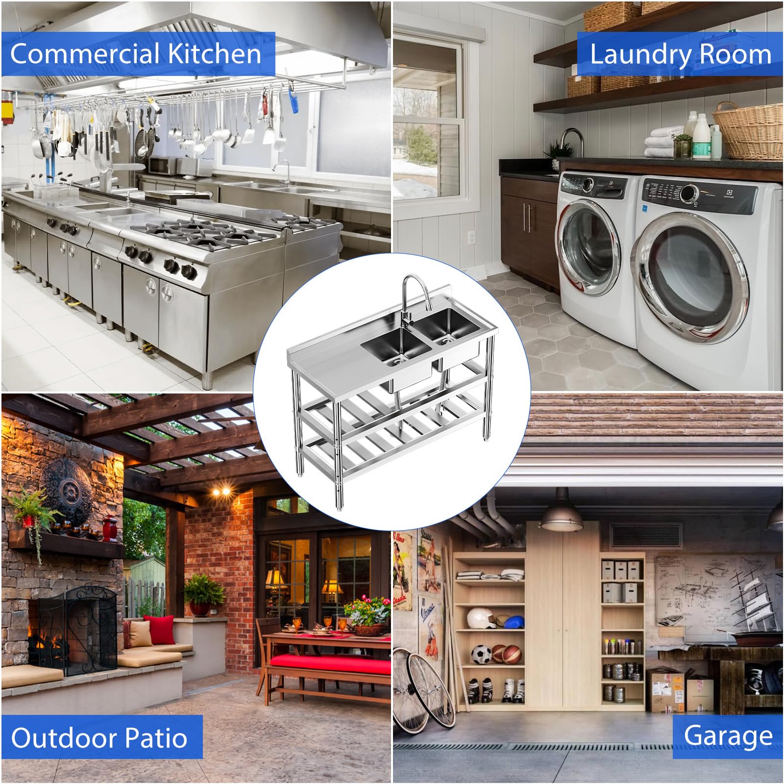 47in Stainless Steel Double Bowl Laundry Sink - Heavy Duty Freestanding Commercial Kitchen Sink Set for Restaurant, Bar, Garage & Backyard | Durable Utility Sink for Washing Clothes, Food Prep & Outdoor Cleaning