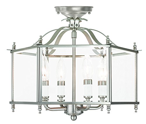 Livex Lighting 4398-91 Livingston 4-Light Convertible Hanging Lantern/Ceiling Mount Fixture - Brushed Nickel Finish - 15.5