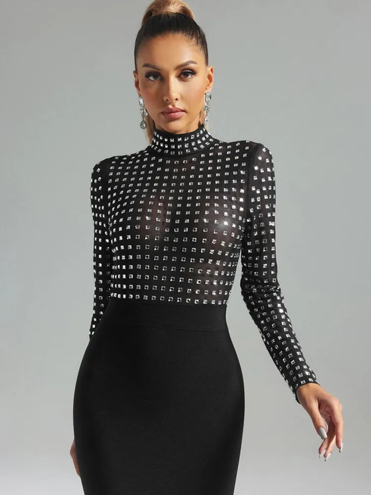 Sexy Black Rhinestone Turtleneck Bandage Dress for Women - Elegant Midi Bodycon Club Party Dress - Perfect for Evening Events, Night Out & Celebrity Inspired Outfits