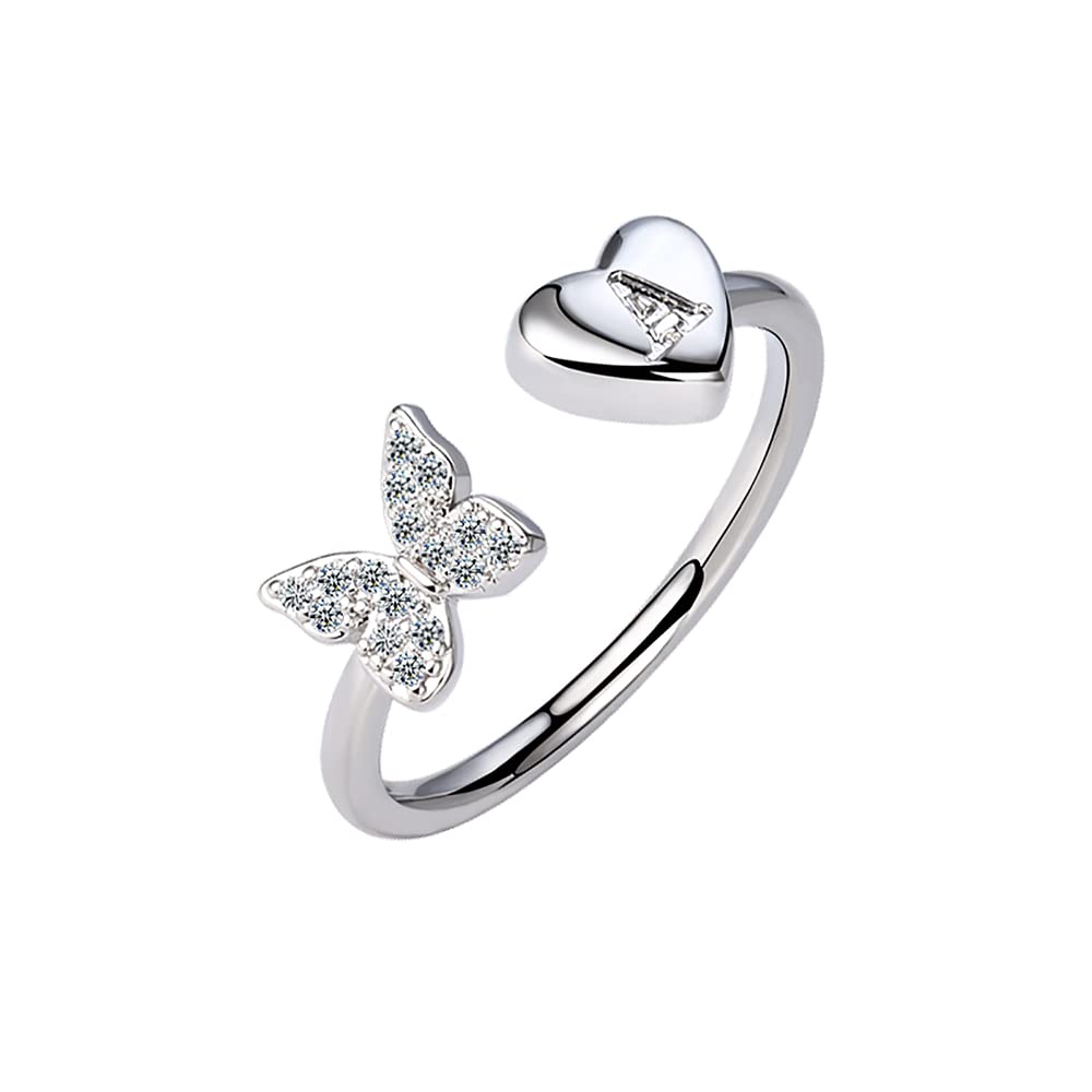 Personalized Silver Initial Rings for Women - Stackable Butterfly Alphabet Letter Rings with Crystal - Adjustable Open Design for Custom Monogram Jewelry - Perfect for Gifts, Stacking, and Everyday Wear