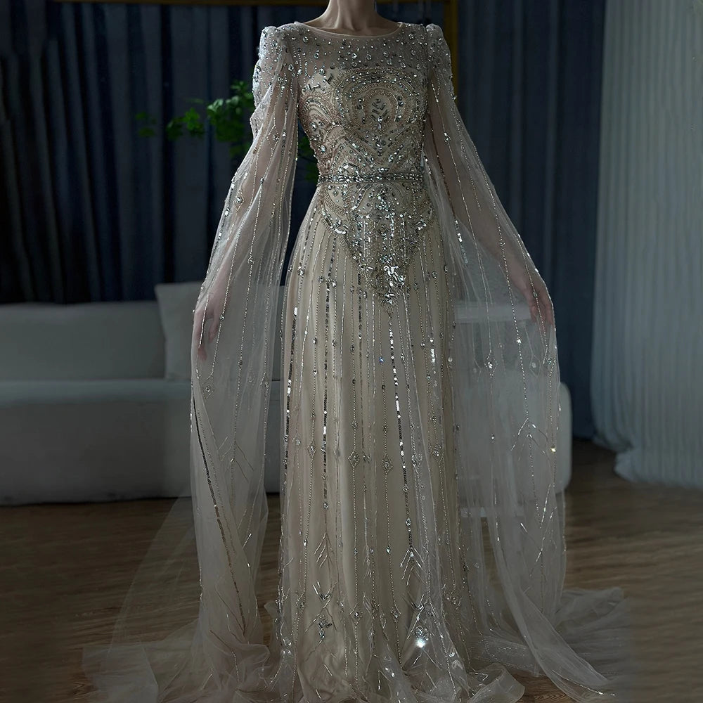 Luxury Designer Blue Beaded Stone Arabic Evening Dress with Cape Sleeve LA72635 - Elegant Formal Gown for Weddings, Galas & Special Occasions