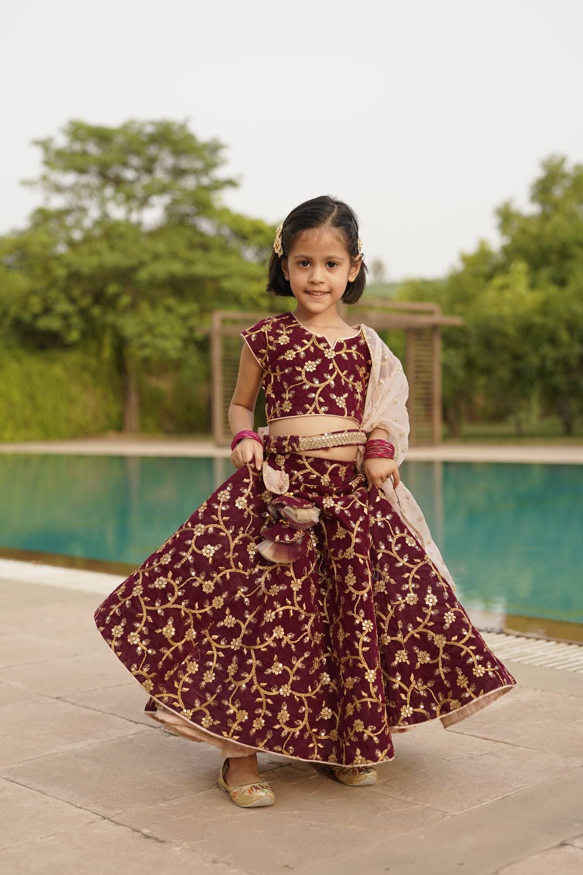 Pre Order: Elegant Wine Embroidery Velvet Lehenga Choli with Dupatta Set | Indian Bridal Wear, Wedding Party Outfit, Festive Occasion Dress