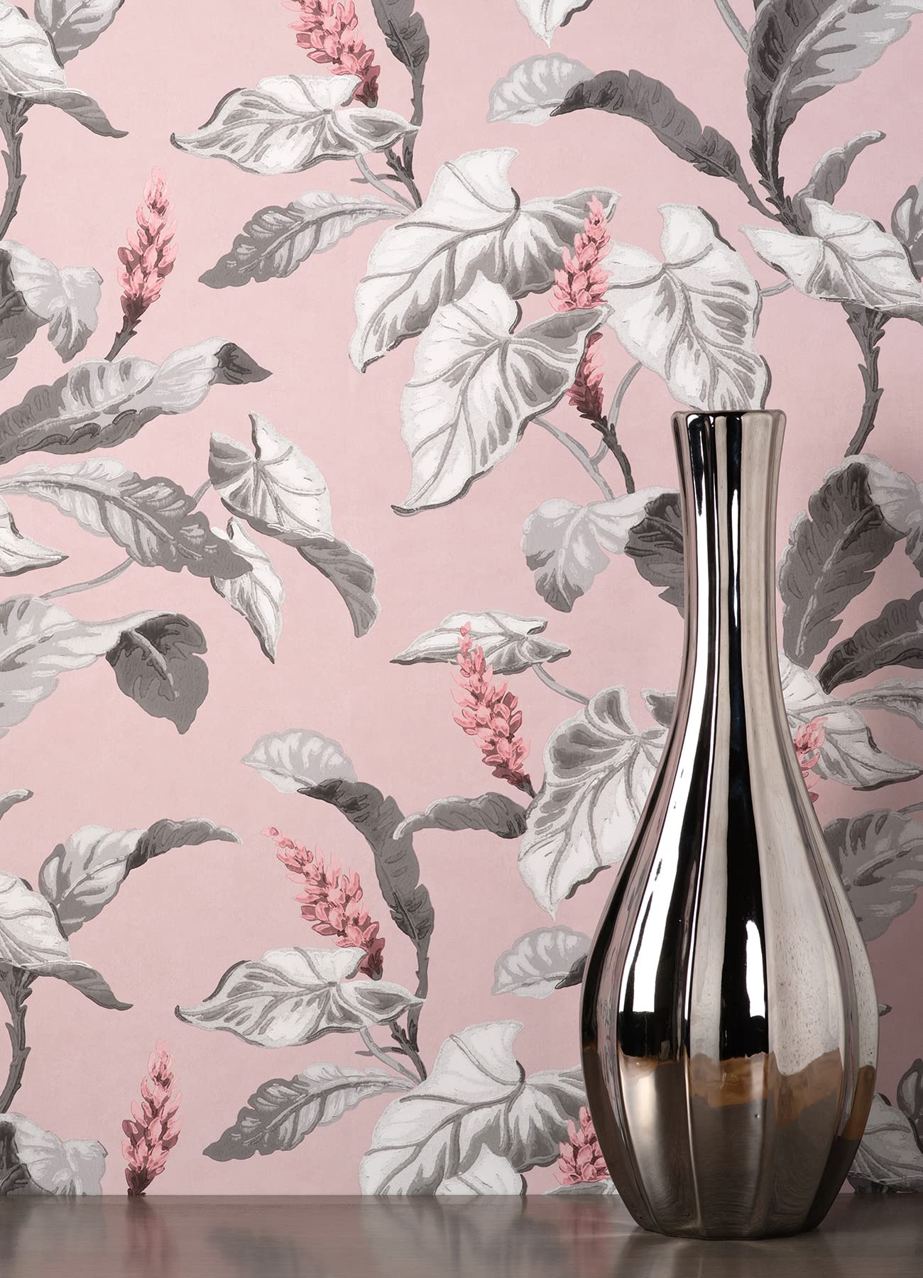 Brewster Home Fashions Meridian Parade Pink Tropical Leaves Wallpaper - Self-Adhesive Peel & Stick Wallpaper for Bedroom, Bathroom, Nursery Decor - Waterproof & Removable Tropical Leaf Design
