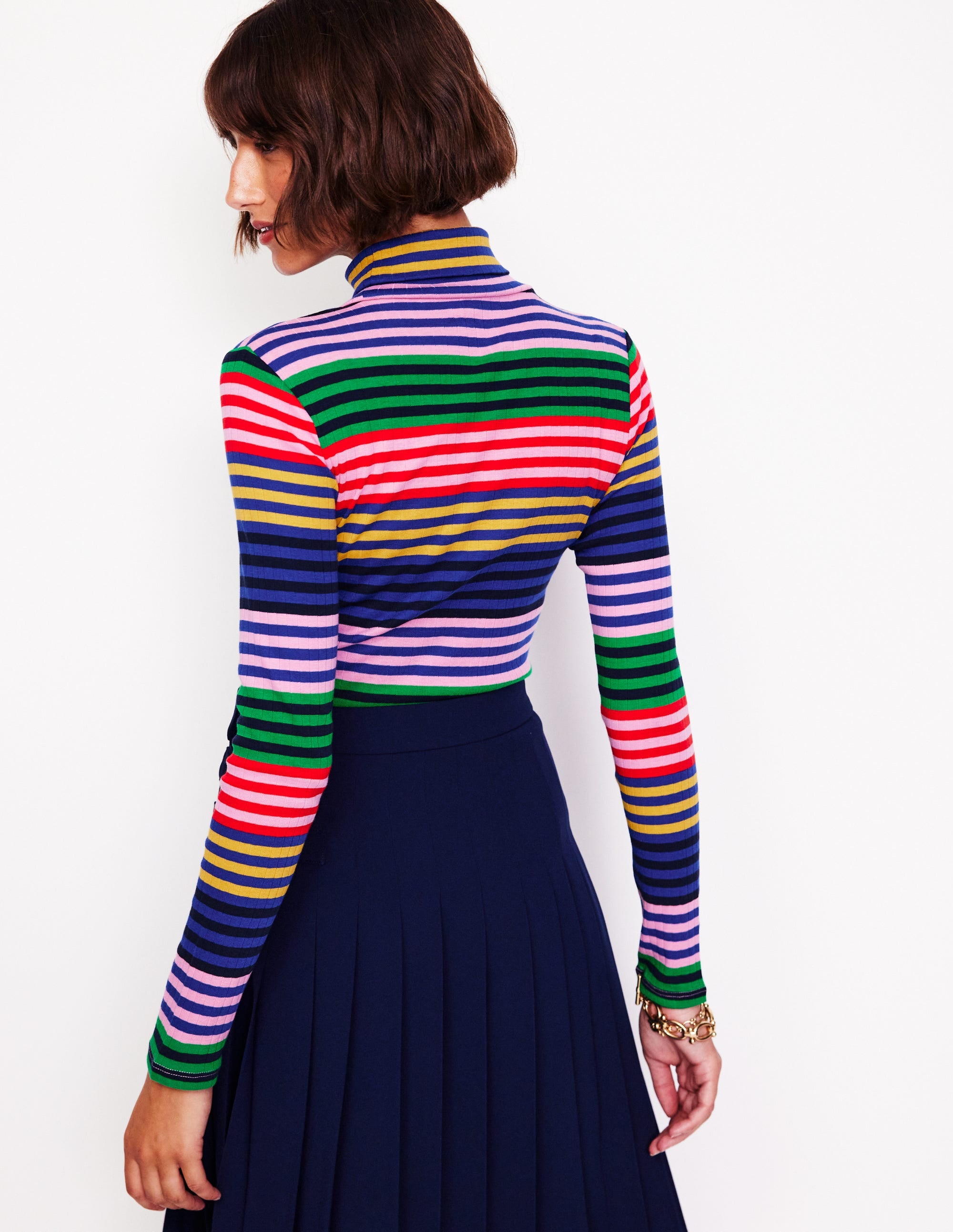 Anna Rib Roll Neck Top Multi - Rainbow Stripe Knit Sweater for Women | Casual Wear, Office Outfit, Winter Layering