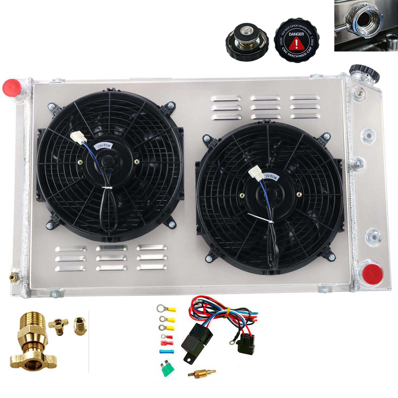 High-Performance 3 Row Aluminum Radiator Shroud with Fan Relay for 1971-1990 Chevy Chevelle, Impala, Caprice, Malibu, C10-C30, K10-K30, Suburban, GMC Jimmy & Buick Lesabre - Perfect for Engine Cooling & Off-Road Adventures