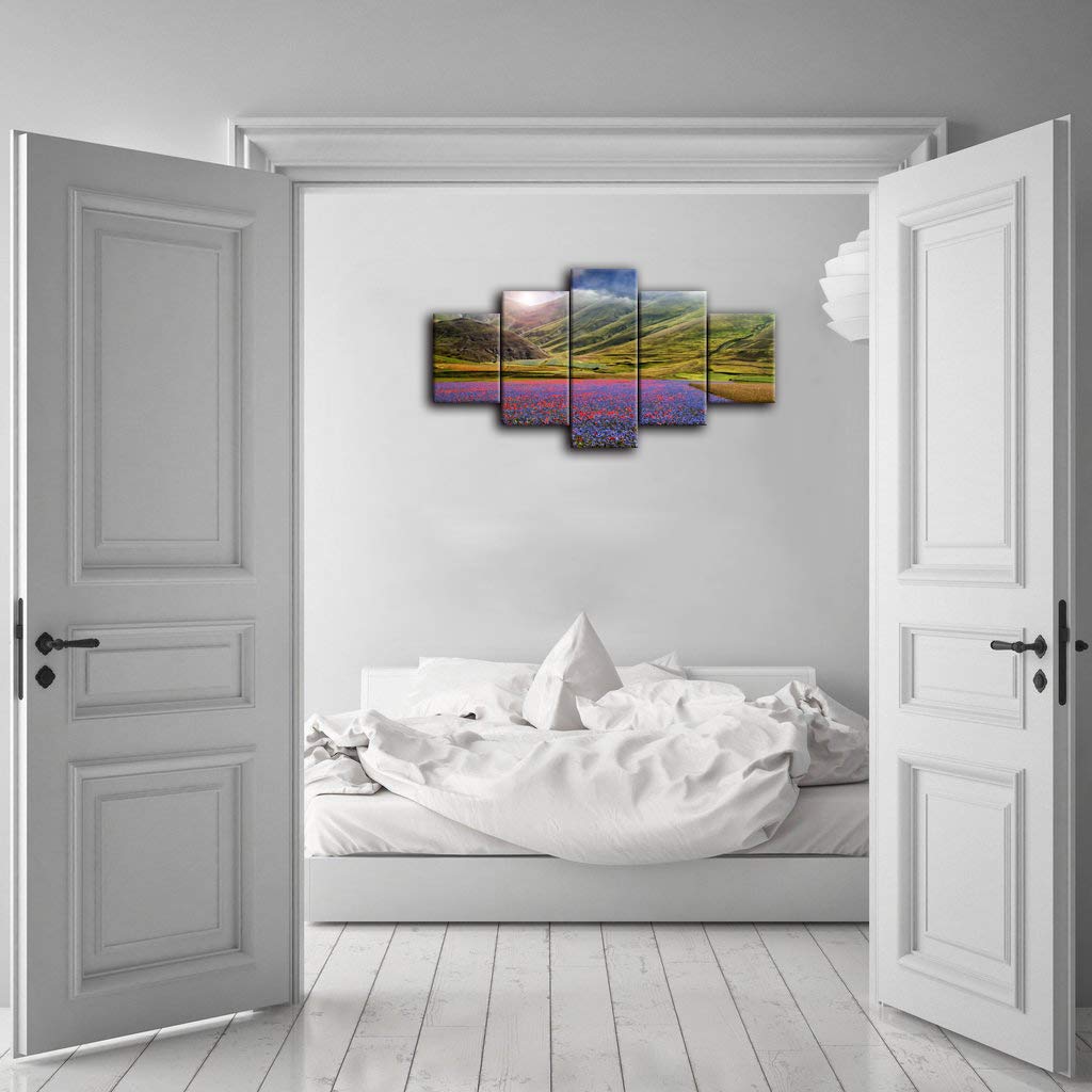 AMEMNY 5-Panel Purple Flowers Canvas Art Print - Modern Sunset Landscape Painting - Framed Wall Decor for Living Room, Bedroom & Office - Ready to Hang Home Decoration