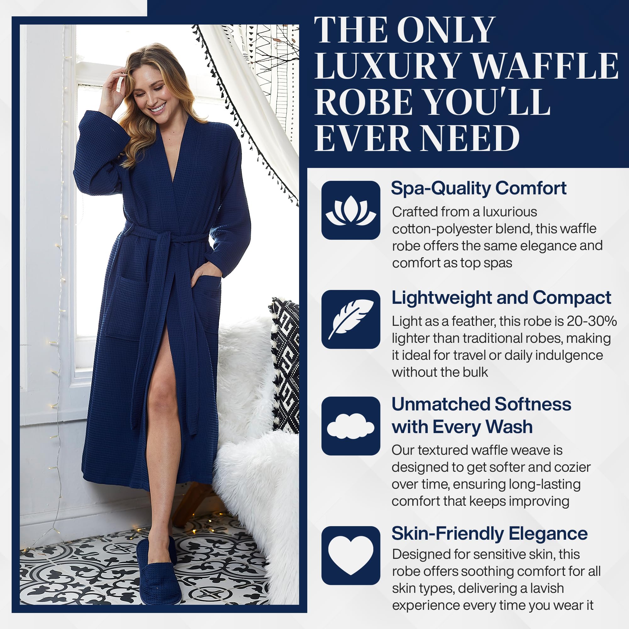 Lotus Linen Women's Lightweight Waffle Weave Robe - Soft Long Cotton Kimono Bathrobe for Spa, Lounge & Home Relaxation - Breathable Comfortable Bath Robe for Women
