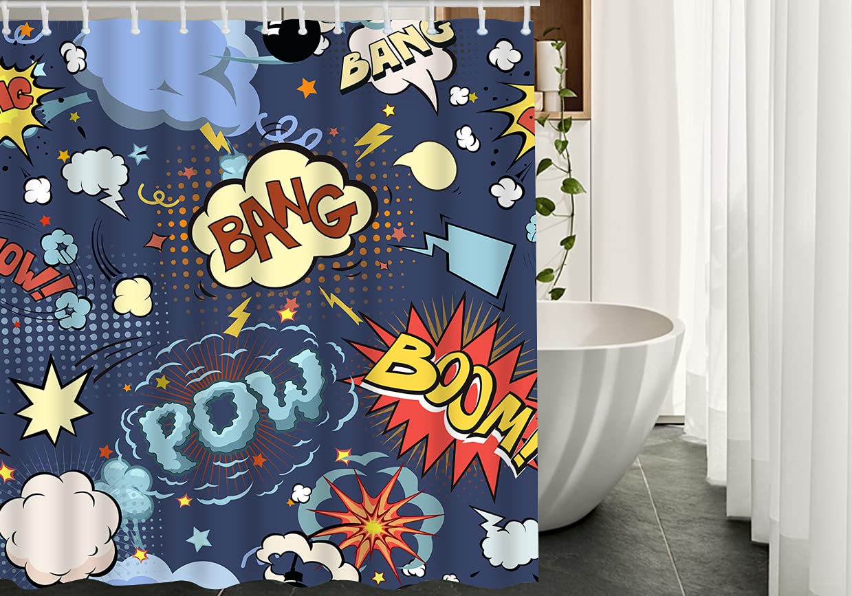 WONDERTIFY Waterproof Comic Book Speech Bubbles Shower Curtain - Pop Art Bathroom Decor with 12 Grommet Hooks (60x72 Inch) - Perfect for Superhero Themed Bathrooms & Fun Pop Culture Home Decor