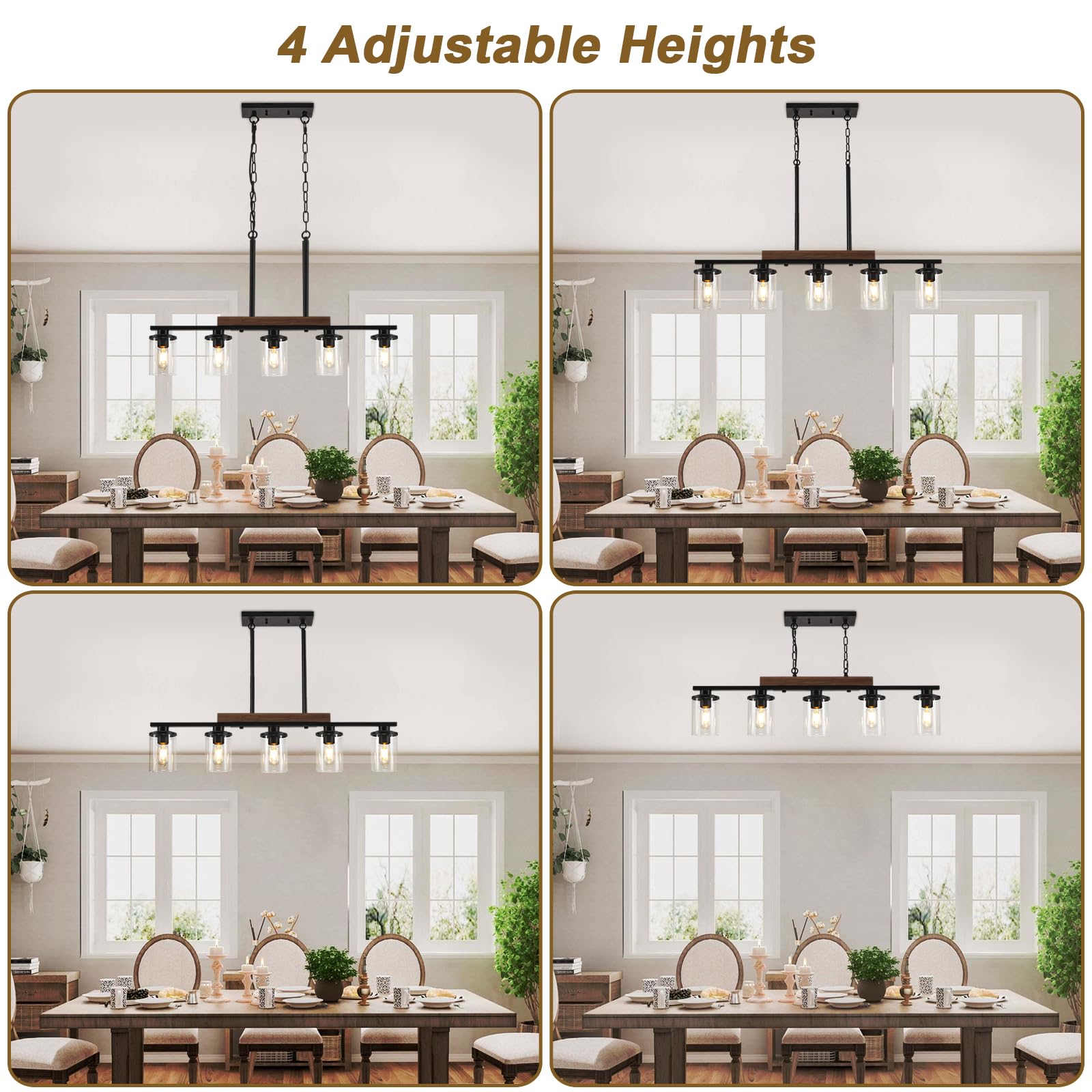 5-Light Black Modern Rustic Wood Ceiling Pendant Light - Farmhouse Chandelier with Clear Glass Shade for Kitchen Island & Dining Room Lighting | Perfect Over Tables in Rustic, Industrial & Farmhouse Decor