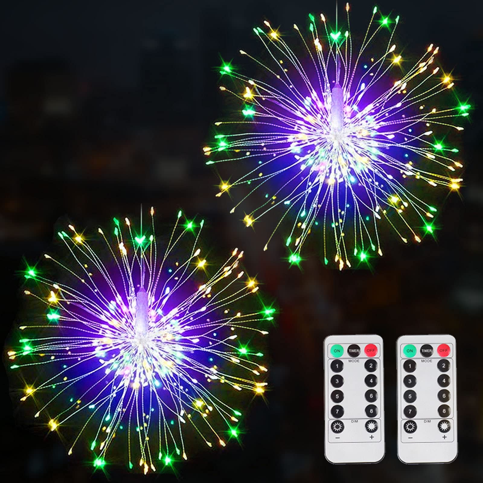 2 Pack Hanging Sphere Lights - Copper Wire Firework Fairy Lights with Remote Control, 8 Dimmable Modes & Battery Powered - Waterproof Starburst Lights for Christmas Decor, Garden, Tent, Wedding, Bedroom & Outdoor Party Decorations