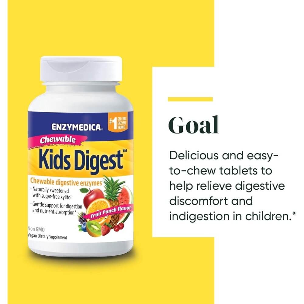 Enzymedica Kids Digest Chewable Fruit Punch 90 Chewables - Natural Digestive Enzymes for Kids - Supports Healthy Digestion & Nutrient Absorption - Perfect for Travel, School & After Meals
