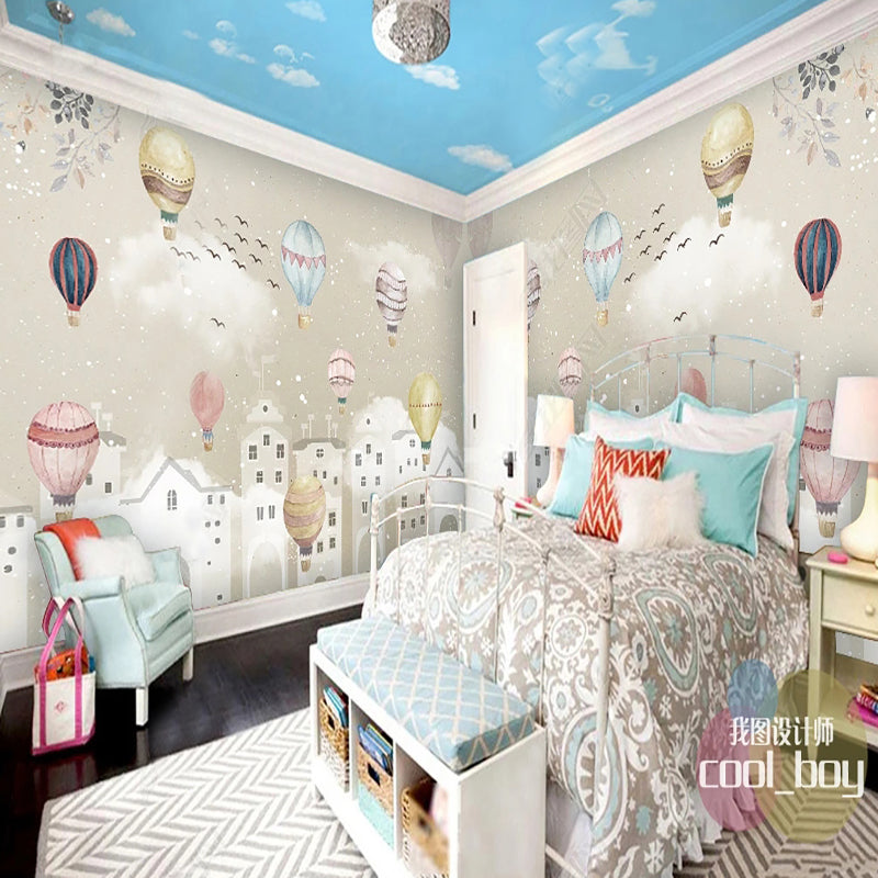 Whimsical Hot Air Balloons Nursery Wallpaper - Flying Balloon Theme for Baby Room Decor & Kids Bedroom Design